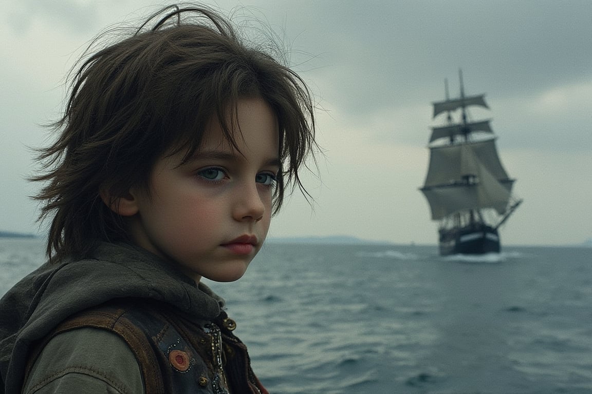 boy pirate portrait, ink scenery, scenery, black teme, pirate ship, sea, light, 8k,detailed, muted color
