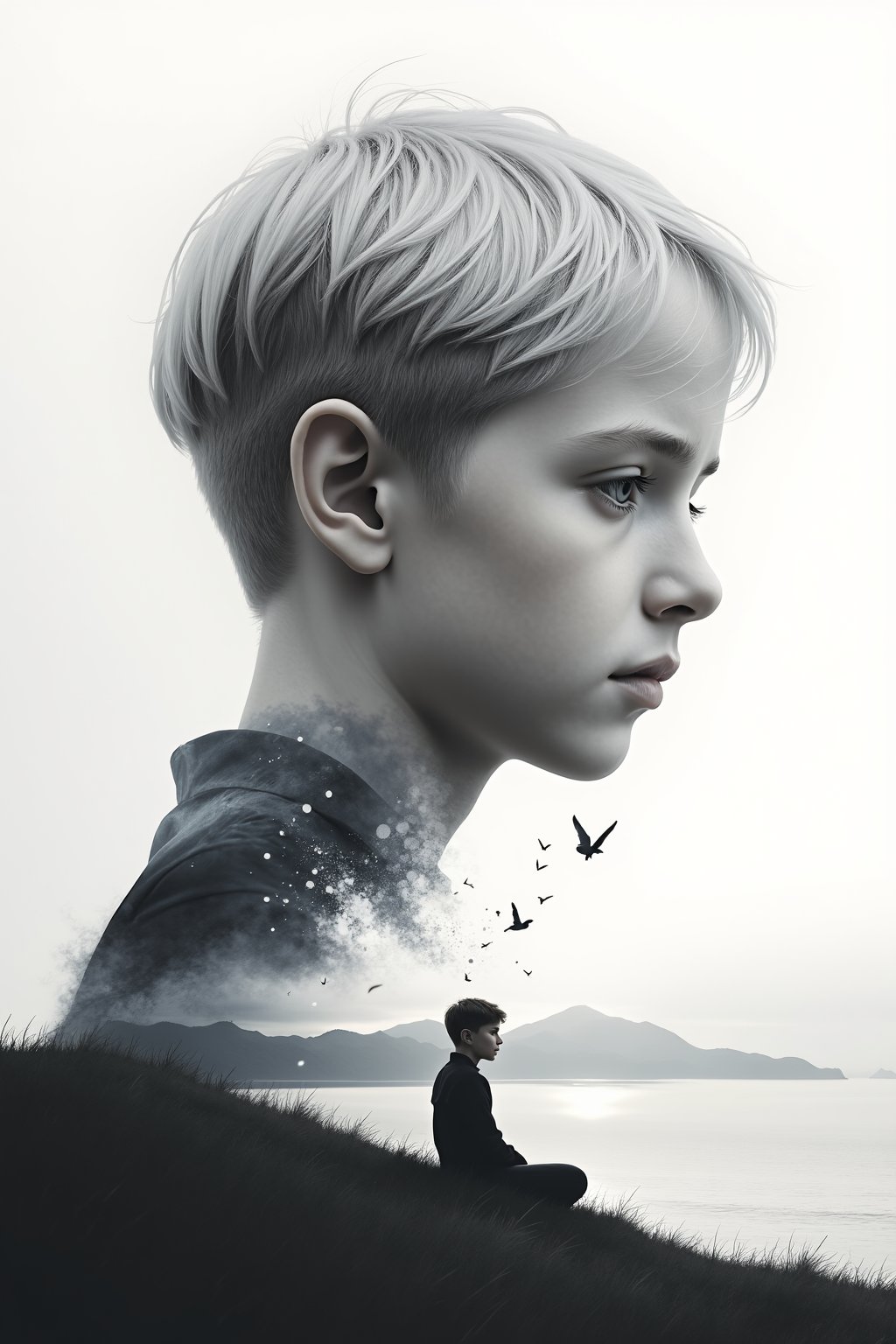 A detailed double-exposure style artwork of a melancholic boy with blond hair , his gaze distant and intense. His portrait is seamlessly blended with a secondary scene of a solitary figure of an eleven year old boy sitting on a hill, gazing out at a calm ocean with mountains in the distance. The image has a smooth, monochromatic tone with soft gradients, evoking a sense of nostalgia and reflection. The overlay effect creates a dreamlike composition, with the silhouette of the seated figure dissolving into a cloud of mist or abstract particles merging into the woman's hair. Soft lighting, ethereal, surreal atmosphere, minimalistic yet expressive.