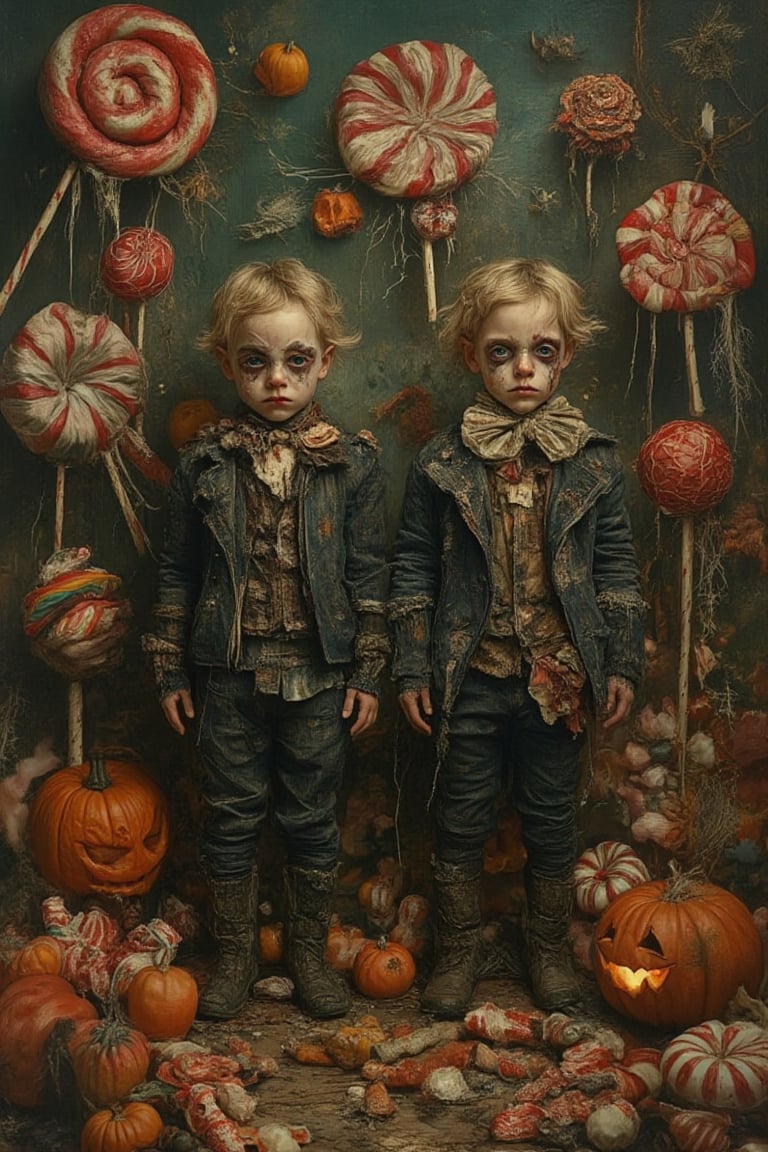 A grotesque fairytale scene featuring twin boys 11 years old  in a fantastical candy world with a Halloween theme. The twin boys are dressed in tattered, dark clothing with eerie expressions. The scene is framed in a medium shot, with a mix of soft and harsh lighting, casting spooky shadows. The composition is surreal, with oversized candy elements like lollipops and gumdrops, combined with Halloween motifs like jack-o'-lanterns and cobwebs. The location is a nightmarish Candyland, blending the whimsical with the macabre.