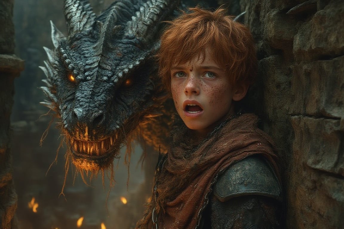 A mesmerizing (closeup of an alluring eleven year old boy warrior), his copper hair messy and unkempt, green eyes piercing as flames lick at tattered fabric clinging to his flawless pale skin with subtle freckles. Chains bind his body as he dangles suspended from a tree, tears rolling down his cheeks as he cries and screams. His toned body is showcased against the majestic Nordic landscape of ancient ruins and towering mountains, warm firelight highlighting his features. The camera captures every detail: realistic facial texture,and anatomical precision. The air is thick with wonder as an English-style black (((dragon))) majestically fills the backdrop, its massive presence complemented by a stone pedestal bearing the carved text: ['Here be Dragons!'].