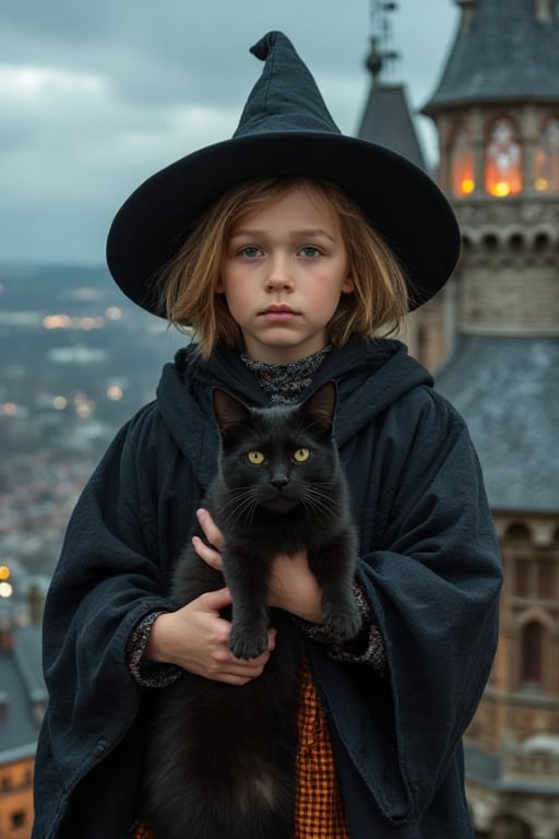 Halloween theme, a  young boy witch  11yo holding a black cat  , on a high Tower background 