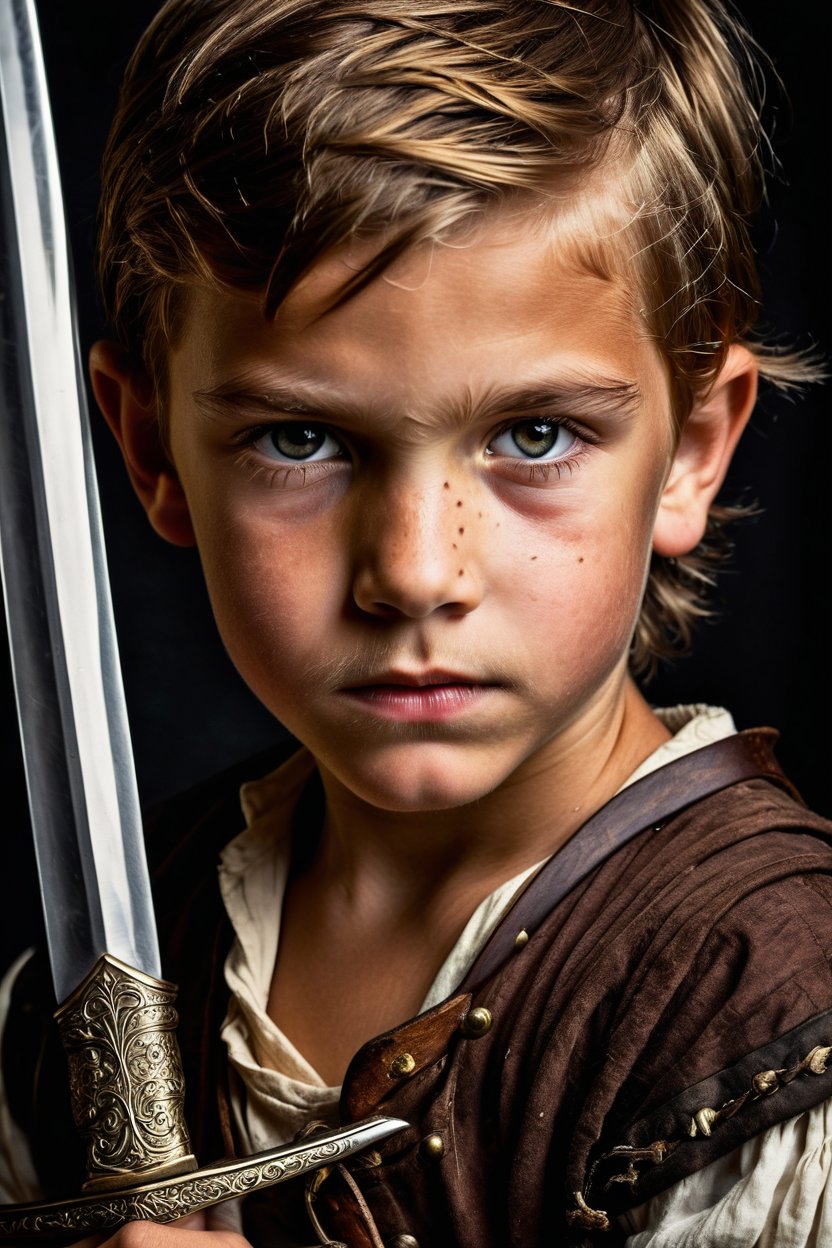 Award-winning RAW photograph captures the essence of a young boy pirate, his determined gaze piercing through the darkness. Half-body shot showcases his rugged charm as he wields his sword with confidence. Cinematic lighting bathes the scene in ultra-dynamic moody tones, highlighting every intricate detail from the subtle wrinkles on his brow to the gleaming metal of his blade. In stunning 64K resolution, this masterpiece is a testament to exceptional photography, drawing the viewer into its atmospheric world.