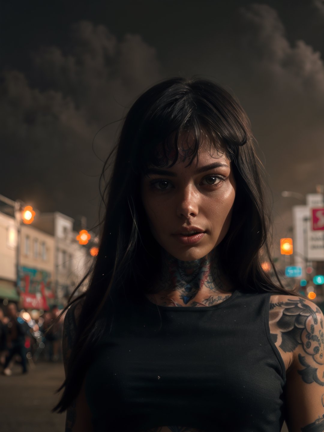 Extremely Realistic, photorealistic, masterpiece, hyperrealistic photography of street fighter girl, brunette, beautiful face, beautiful body, ultra realistic, 8k, 8k UHD, UHD, smirking, expert raw, beautiful woman, black shiny hair, closeup, black mini dress, raw photo, upper body, realistic colors, portrait, wearing mosaic inspired top, ultra detailed, extra sharp, proper anatomy, face details, small breasts, night, neon lights, bokeh effect, closed mouth, front view, detailed eyes, realistic eyes, tattooedgirl