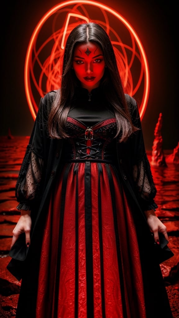 a witch in a red dress, with black intricate robe, vibrant palette, twisted god with no face, apokalyptic, (Hell and (rivers of blood in the background)), with dark radiant halo