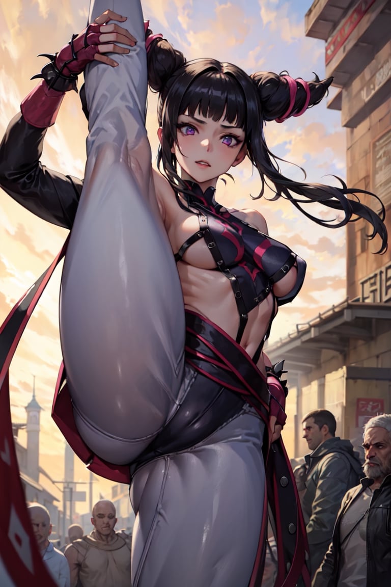 Girl standing, onejuri, purple eyes, evil grrin, baggy pants, white pants, black panties, panties over clothes,((best quality)),  ((highly detailed)), perfect anatomy, masterpiece,scenery,intricately detailed, hyperdetailed, blurry background, depth of field, best quality, masterpiece, intricate details, tonemapping, sharp focus, hyper detailed, high 1res, in street,standing,leg up