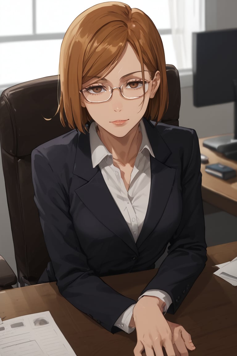 Sitting chair, desk working, (score_9, score_8_up, score_7_up),masterpiece, high-quality,perfect anatomy, expressive eyes,(perfect face),((in office)), kugisaki nobara, brown hair, brown eyes,glasses, office suits,chest up shot,