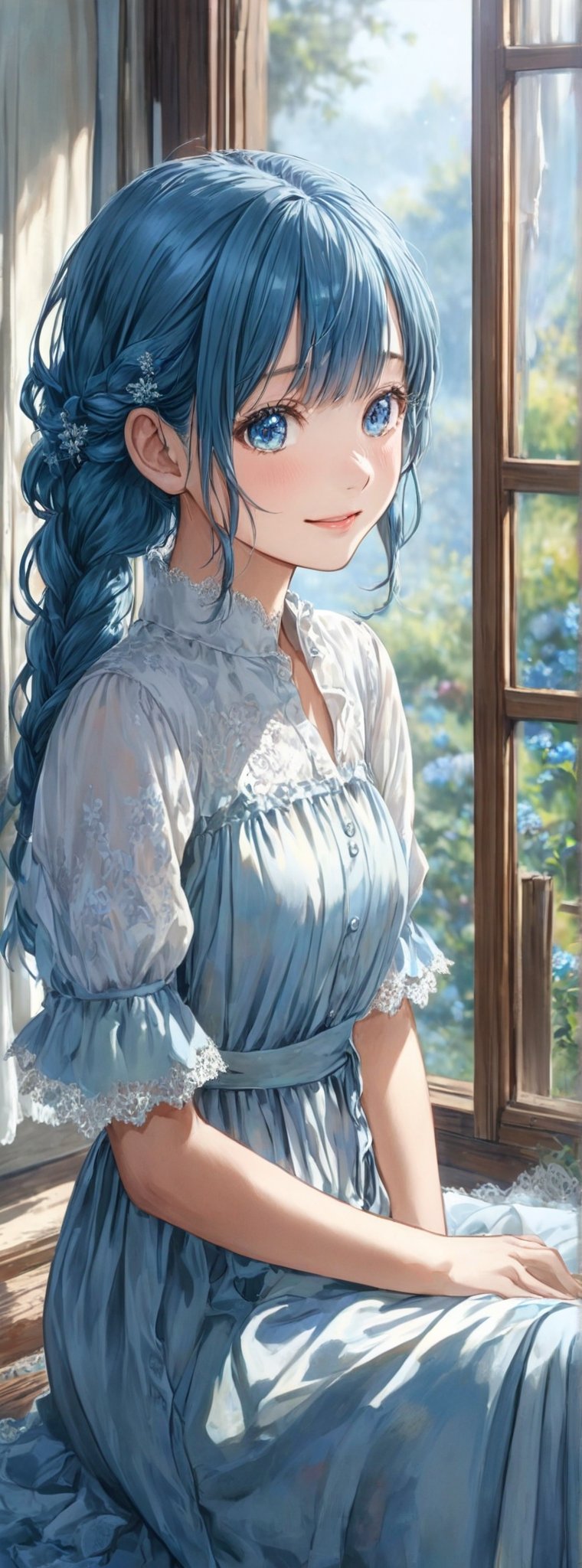 (pastel blue color theme:1.4),
dutch braid,
japanese smile,looking for a viewer,
(lace edges:1.4), (lace cloths:1.3),
London location,

Title: "Summer Serenity"

In the picturesque depiction titled "Summer Serenity," a single girl basks in the ambiance of a tranquil day, embodying a sense of ease and elegance in her ensemble that captures the essence of carefree sophistication. Clad in a casual rayon shirt dress, she exudes a blend of comfort and modern flair that harmonizes perfectly with the serene surroundings.

Crafted from luxuriously soft and breathable rayon fabric, the dress envelops the girl in a gentle embrace, offering a respite from the summer heat while maintaining a chic aesthetic. The shirt dress design, featuring a classic collar and a button-down front, exudes a timeless charm that complements the girl's relaxed demeanor.

With short sleeves that hint at a hint of sunshine-kissed skin and a cinched waist that accentuates her silhouette, the dress strikes a delicate balance between casual and refined. Falling just above the knees in a straight silhouette, it exudes an effortless grace that is both versatile and stylish for any occasion.

The gathered waist detail adds a touch of understated elegance to the ensemble, elevating its appeal and adding a whisper of sophistication to the girl's look. The lightweight nature of the rayon fabric allows the dress to flow gently in the breeze, creating a sense of movement and grace as she moves through the sunlit day.

Whether paired with flat sandals for a laid-back vibe or elevated with wedges for a more polished appearance, the dress offers endless versatility that adapts to the girl's every mood and setting. Available in a range of pastel hues that evoke the freshness of summer blooms, the dress embodies a sense of effortless style that radiates a vibrant and carefree spirit.

Authored by kyo8sai, this magnificent creation stands as a testament to the artist's creative prowess and was brought to life on 2024-08-21.The painting is signed 'kyo8sai' on the edge.

"Summer Serenity" encapsulates a moment of pure bliss and tranquility, inviting the viewer to immerse themselves in a scene of sun-dappled beauty and serene elegance. The girl's radiant presence, coupled with the understated charm of her attire, paints a picture of joy and contentment, evoking a sense of peace and happiness in the heart of all who behold her radiant form.
