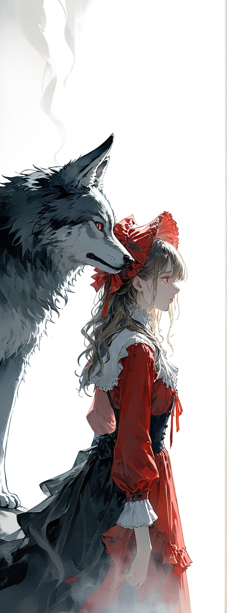 Here's a prompt for an SD image: A dramatic encounter unfolds in a stark white setting as a majestic gray and white wolf,...