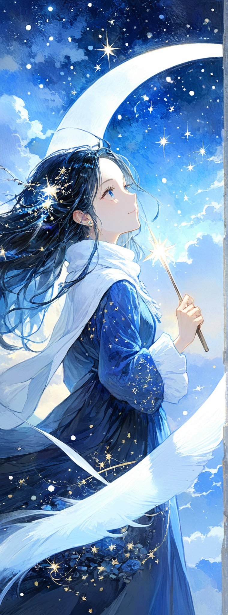 Title: "Starry Night Serenade" Subtitle: "Whispers of the Moon" In the enchanting realm of a starlit night,  a single figu...