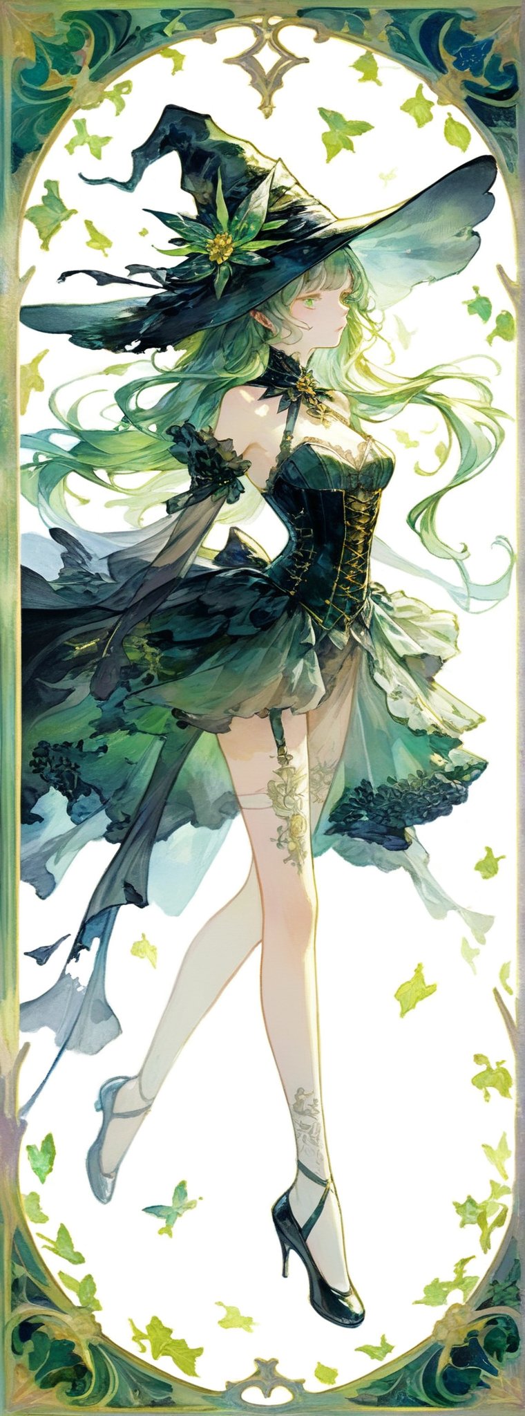 (pastel green and gold color theme:1.4),
(ballet shoes:1.0),
Title: "Enchanting Shadows"
Subtitle: "Whispers of the Night"

In a realm where darkness and allure converge, a mysterious woman emerges in a Wicked Witch Corset Dress that embodies a blend of seduction and enchantment. The black corset-style mini dress clings to her form, adorned with sheer mesh panels that hint at a glimpse of skin beneath, while green velvet detailing adds a touch of otherworldly elegance. The corset features a sweetheart neckline that accentuates her curves, with lacing at the front that allows for a customizable, figure-enhancing fit.

As the dress flares out into a sheer, layered tulle skirt that ends mid-thigh, the jagged edges create a sense of whimsical mystery, resembling torn fabric that adds a touch of rawness to the overall look. The ethereal quality of the skirt adds a sense of lightness and movement, as if the woman is surrounded by a swirling vortex of shadows and secrets waiting to be revealed.

Completing the ensemble is a matching black witch's hat adorned with green ribbon detailing, adding a regal touch to her mysterious persona. Thigh-high stockings and stiletto heels further enhance the sultry allure of the outfit, creating a captivating and alluring Halloween witch look that is both enchanting and bewitching.

Authored by kyo8sai, this magnificent creation stands as a testament to the artist's creative prowess and was brought to life on 2024-10-07.The painting is signed 'kyo8sai' on the edge.

In the world of "Enchanting Shadows," the woman embodies a dark and alluring presence, a sorceress of the night who weaves spells of mystery and intrigue. As she moves through the shadows, the Wicked Witch Corset Dress shimmers with a subtle sheen, casting a spell of seduction and allure that captivates all who behold her. With each step, she leaves a trail of magic and desire, a testament to the power of darkness and the beauty of the unknown.

(Framed within an ornate, lacquerwork box adorned with intricate floral patterns she seem to be one with the artistry:1.1), 
(art nouveau style(The Law of Symmetry,golden ratio (approx. 1.6180339887)):1.1),
