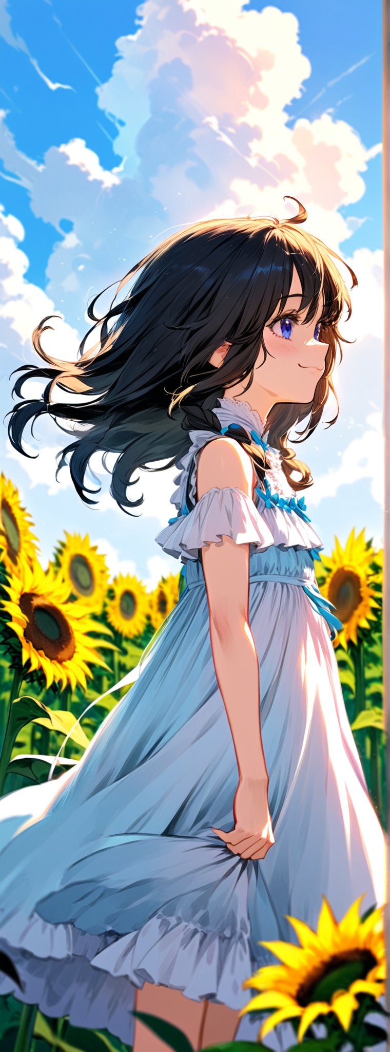 **Title: "Summer Bliss"** --- In this vibrant and joyful scene, a young girl stands amidst a sunflower field, capturing the essence of happiness and youth. Her attire, expression, and the beautiful summer backdrop combine to create a moment of pure bliss. **Central Character:** - **The Girl:** A cheerful young Japanese girl exuding happiness and innocence. Her expression is one of pure joy, featuring a beautiful smile that lights up her face. - **Attire:** She is wearing a ruffled dress adorned with delicate bows. The dress is light and airy, perfect for a summer day, and it moves gracefully with her every step. The ruffles and bows add a touch of playfulness and charm to her outfit. **Setting:** - **Summer Atmosphere:** The scene is set on a bright summer day, with the sky painted in shades of blue and white. The sun casts a warm, golden light, enhancing the vibrant colors of the surroundings. - **Cumulonimbus Clouds:** Majestic cumulus clouds tower in the distance, their fluffy shapes adding depth and drama to the sky. These clouds are a hallmark of summer, creating a picturesque backdrop. - **Beautiful Location:** The location is a breathtakingly beautiful sunflower field. The sunflowers are in full bloom, their vibrant yellow petals creating a lively and enchanting environment. - **Flowers:** The sunflowers are in full bloom, their petals unfurling in a riot of colors. They add a touch of natural beauty and vibrancy to the scene, making it come alive with the essence of summer. **Art Style and Medium:** - **Digital Painting:** The artwork is a digital painting, allowing for high precision and vibrant color rendering. The use of digital techniques ensures that every detail, from the ruffles of the dress to the petals of the flowers, is captured with clarity. - **Smooth and Sharp Focus:** The painting features smooth transitions and sharp focus, highlighting the girl and the intricate details of her dress and the surrounding sunflowers. The clarity of the digital medium enhances the overall impact of the scene. **Artistic Quality:** - **Masterpiece Quality:** This painting is crafted with exceptional skill and attention to detail. Every element, from the girl’s joyful expression to the texture of the clouds, is rendered with care and precision. - **Ultra-Detailed:** The artwork is rich in detail, ensuring that every aspect of the scene is brought to life. The delicate ruffles of the dress, the intricate bows, the texture of the flowers, and the majestic clouds are all depicted with meticulous attention. - **Full HD Render:** The painting is rendered in Full HD, ensuring that every nuance is visible. The high-definition quality adds depth and realism to the scene, making it immersive and captivating. **Overall Vibe:** - **Joyful and Lively:** The overall vibe is one of joy and liveliness. The girl’s happy smile, the vibrant summer setting, and the beautiful sunflowers create a scene that is filled with positive energy and warmth. - **Youthful and Playful:** The combination of the ruffled dress with bows and the girl’s radiant smile adds a touch of youthful playfulness. The scene captures the carefree spirit of childhood and the simple joys of summer. Authored by kyo8sai, this magnificent creation stands as a testament to the artist's creative prowess and was brought to life on 2024-08-02.The painting is signed 'kyo8sai' on the edge. In "Summer Bliss," the artist has created a heartwarming and visually stunning scene that celebrates the beauty of youth and the joy of summer. This digital painting is a testament to the power of art to capture and convey moments of pure happiness and natural beauty.