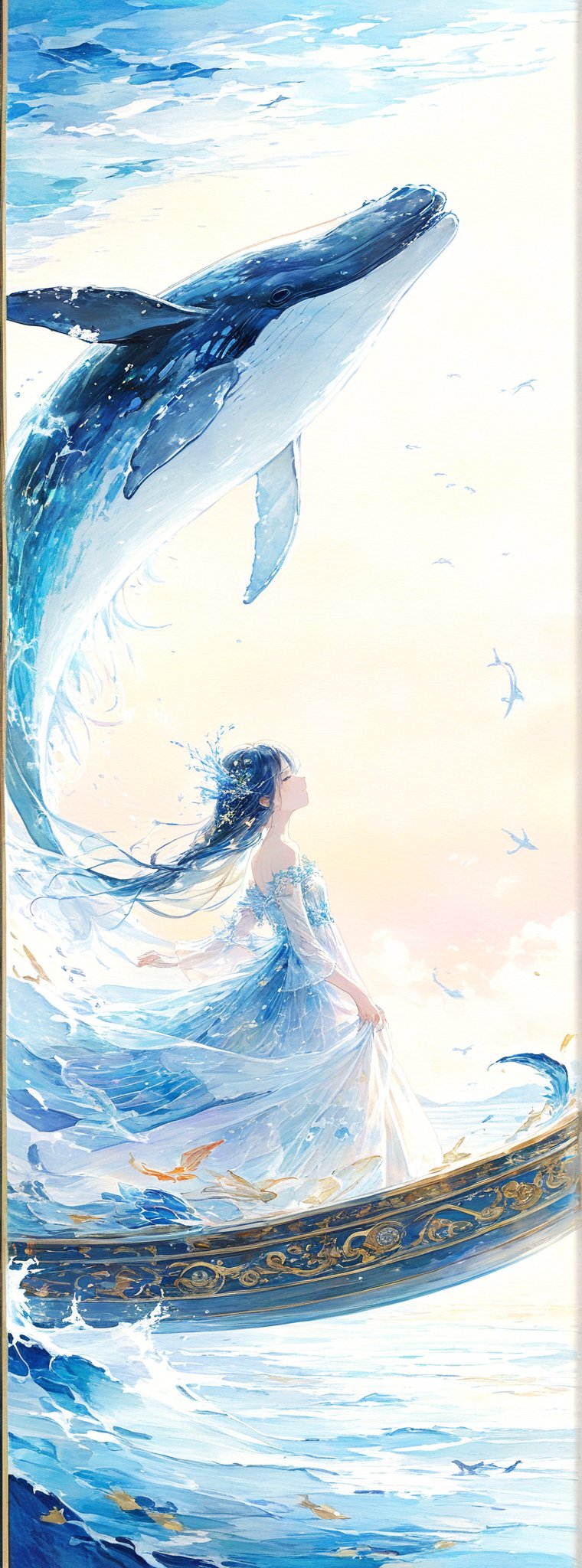 Title: "Whispers of the Celestial Sea"

Subtitle: "A Dreamer's Journey"

In the realm of fantastical artistry, a spellbinding tableau unfolds with the presence of a majestic flying humpback whale soaring gracefully through the skies above. The ethereal creature moves with a sense of serene majesty, its form a symphony of elegance against the canvas of the heavens. Below, a dreamy girl lies in peaceful slumber on a bed adorned with intricate patterns, her imagination taking flight alongside the celestial whale.

As the flying humpback whale glides effortlessly, it is accompanied by a vibrant school of tropical fish that dance in harmony, their scales shimmering like precious jewels in the sunlight. The underwater companions move with synchronized grace, their colors blending and shifting in a mesmerizing display of aquatic ballet. The dreamer, lost in her reverie, seems to share a connection with the creatures, her dreams intertwining with the whimsical scene unfolding around her.

A soft, enchanting light emanates from a mystical lamp nearby, casting a warm and gentle glow that bathes the room in a lullaby of radiance. The dreamer's face is serene, her features reflecting the tranquility of her slumber as she embarks on a journey through the realms of imagination. The combination of the dreamer's innocence and the dynamic movement of the celestial whale and tropical fish creates a harmonious blend of peace and wonder, inviting the viewer to join in the dreamer's mystical voyage.

The fantastical setting, with its flying humpback whale, tropical companions, dreamy girl, and illuminated lamp, forms a tapestry of fantasy and reality woven together in a delicate dance. The juxtaposition of the dreamer's innocence with the majestic presence of the celestial creatures creates a sense of magic and awe, drawing the viewer into a world where dreams take flight and the boundaries between the ordinary and the extraordinary blur.

Authored by kyo8sai, this magnificent creation stands as a testament to the artist's creative prowess and was brought to life on 2024-09-18.The painting is signed 'kyo8sai' on the edge.

In this enchanting tale of the celestial sea's whispers, the dreamer's journey with the flying humpback whale and tropical fish unfolds like a lyrical fantasy, weaving a narrative of sweetness and happiness that captivates the heart and imagination of all who gaze upon this mesmerizing creation.

Framed within an ornate, lacquerwork box adorned with intricate floral patterns she  seem to be one with the artistry. 
