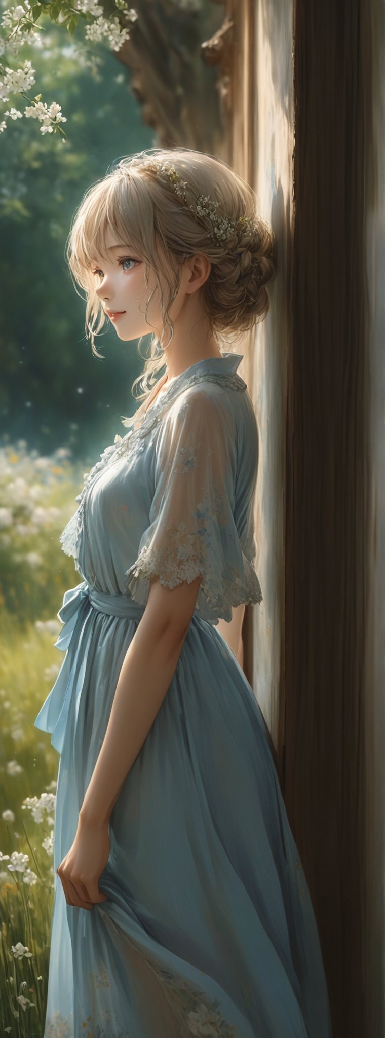 (pastel blue color theme:1.4),
dutch braid,
japanese smile,looking for a viewer,
(lace edges:1.4), (lace cloths:1.3),
London location,

Title: "Summer Serenity"

In the picturesque depiction titled "Summer Serenity," a single girl basks in the ambiance of a tranquil day, embodying a sense of ease and elegance in her ensemble that captures the essence of carefree sophistication. Clad in a casual rayon shirt dress, she exudes a blend of comfort and modern flair that harmonizes perfectly with the serene surroundings.

Crafted from luxuriously soft and breathable rayon fabric, the dress envelops the girl in a gentle embrace, offering a respite from the summer heat while maintaining a chic aesthetic. The shirt dress design, featuring a classic collar and a button-down front, exudes a timeless charm that complements the girl's relaxed demeanor.

With short sleeves that hint at a hint of sunshine-kissed skin and a cinched waist that accentuates her silhouette, the dress strikes a delicate balance between casual and refined. Falling just above the knees in a straight silhouette, it exudes an effortless grace that is both versatile and stylish for any occasion.

The gathered waist detail adds a touch of understated elegance to the ensemble, elevating its appeal and adding a whisper of sophistication to the girl's look. The lightweight nature of the rayon fabric allows the dress to flow gently in the breeze, creating a sense of movement and grace as she moves through the sunlit day.

Whether paired with flat sandals for a laid-back vibe or elevated with wedges for a more polished appearance, the dress offers endless versatility that adapts to the girl's every mood and setting. Available in a range of pastel hues that evoke the freshness of summer blooms, the dress embodies a sense of effortless style that radiates a vibrant and carefree spirit.

Authored by kyo8sai, this magnificent creation stands as a testament to the artist's creative prowess and was brought to life on 2024-08-21.The painting is signed 'kyo8sai' on the edge.

"Summer Serenity" encapsulates a moment of pure bliss and tranquility, inviting the viewer to immerse themselves in a scene of sun-dappled beauty and serene elegance. The girl's radiant presence, coupled with the understated charm of her attire, paints a picture of joy and contentment, evoking a sense of peace and happiness in the heart of all who behold her radiant form.
