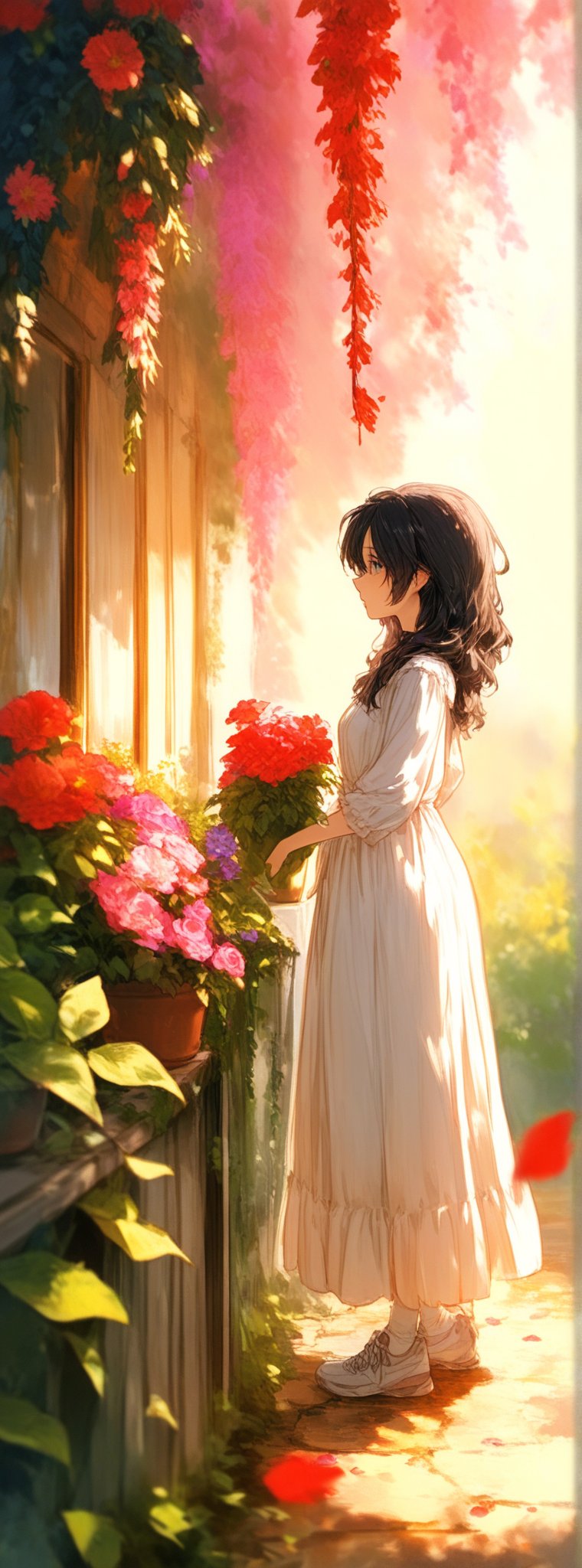 Title: "Petals of Serenity"

In the enchanting embrace of the evening light, a 25-year-old woman stands before a picturesque flower shop, a vision of ethereal beauty and grace. Her short, black hair frames her face in delicate waves, accentuating the contours of her features with a touch of mystery. Clad in a flowing white dress that whispers of elegance, she exudes a sense of timeless charm and sophistication.

With an aura of adorable innocence that belies her age, the woman gazes serenely at the small potted flower she cradles in her hands. The subtle curve of her glasses adds a hint of intellectual allure to her appearance, while her white socks and sneakers ground her in a sense of playful whimsy. Every detail, from the anatomically correct hands that tenderly hold the flower to the detailed eyes that reflect the world's beauty, is rendered with exquisite precision.

The watercolor painting captures the scene with unparalleled clarity and depth, each brushstroke imbued with a sense of wonder and magic. The background, a canvas of intricate details and vibrant colors, transports the viewer to a realm where the ordinary becomes extraordinary. The flower shop itself is a tapestry of blooms and greenery, a sanctuary of nature's beauty that beckons with its fragrant allure.

As the woman stands in this cinematic setting, a sense of peace and contentment radiates from her being, enveloping the scene in an aura of tranquility. The evening light bathes everything in a soft, golden glow, casting a spell of enchantment over the surroundings.

Authored by kyo8sai, this magnificent creation stands as a testament to the artist's creative prowess and was brought to life on 2024-08-27.The painting is signed 'kyo8sai' on the edge.

"Petal of Serenity" invites viewers to immerse themselves in a world where beauty and grace converge, where the simple act of holding a flower becomes a testament to the profound connection between humanity and nature. It is a tribute to the harmonious balance found in moments of quiet contemplation and the timeless allure of the natural world.