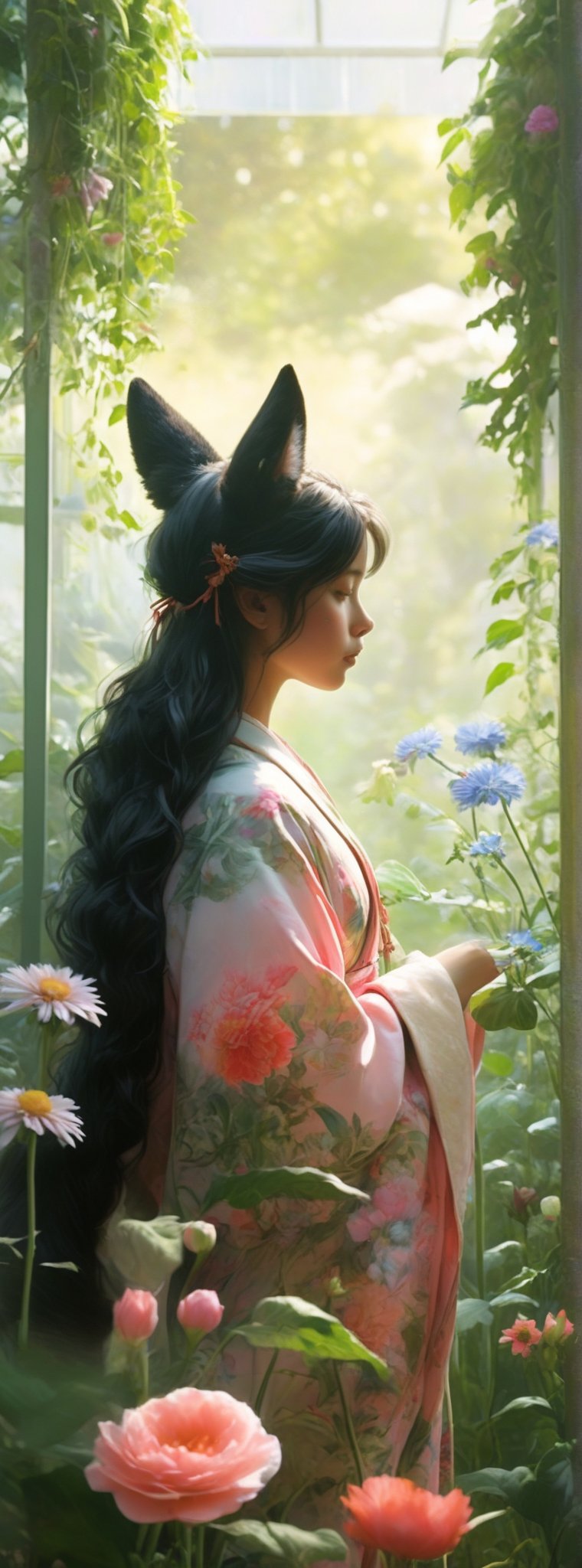 Title: "Greenhouse Enchantment"

In a serene and enchanting scene, a young girl with delicate black fox ears and a fluffy, white-tipped tail stands amidst the lush greenery of a greenhouse. Adorned in a beautiful pink kimono adorned with floral patterns and secured by a vibrant green obi, she exudes a sense of tranquility and wonder.

The girl's shy, curious expression, with a hint of a flush on her cheeks, invites the viewer to share in her moment of quiet contemplation. Her gaze is fixed upon the abundance of vibrant flowers and verdant foliage surrounding her, creating an intimate connection with the natural world.

Bathed in the warm, gentle light filtering through the greenhouse's glass walls, the scene emanates a sense of peace and serenity. The dappled sunlight casts a soft, ethereal glow upon the girl's delicate features, highlighting the intricate details of her anime-style design.

The artwork itself is a masterpiece of craftsmanship, with clean, delicate lines and smooth gradients that give the character and her environment a sense of depth and realism. The soft shading and harmonious color palette, dominated by vibrant greens, pinks, and gentle sunlight, weave a tapestry of beauty and tranquility.

Authored by kyo8sai, this magnificent creation stands as a testament to the artist's creative prowess and was brought to life on 2024-08-28.The painting is signed 'kyo8sai' on the edge.

"Greenhouse Enchantment" is a visual poem that captures the essence of wonder, purity, and a deep appreciation for the natural world. It is a scene that invites the viewer to pause, reflect, and lose themselves in the serene beauty of the moment, as if stepping into a tranquil and enchanted oasis.