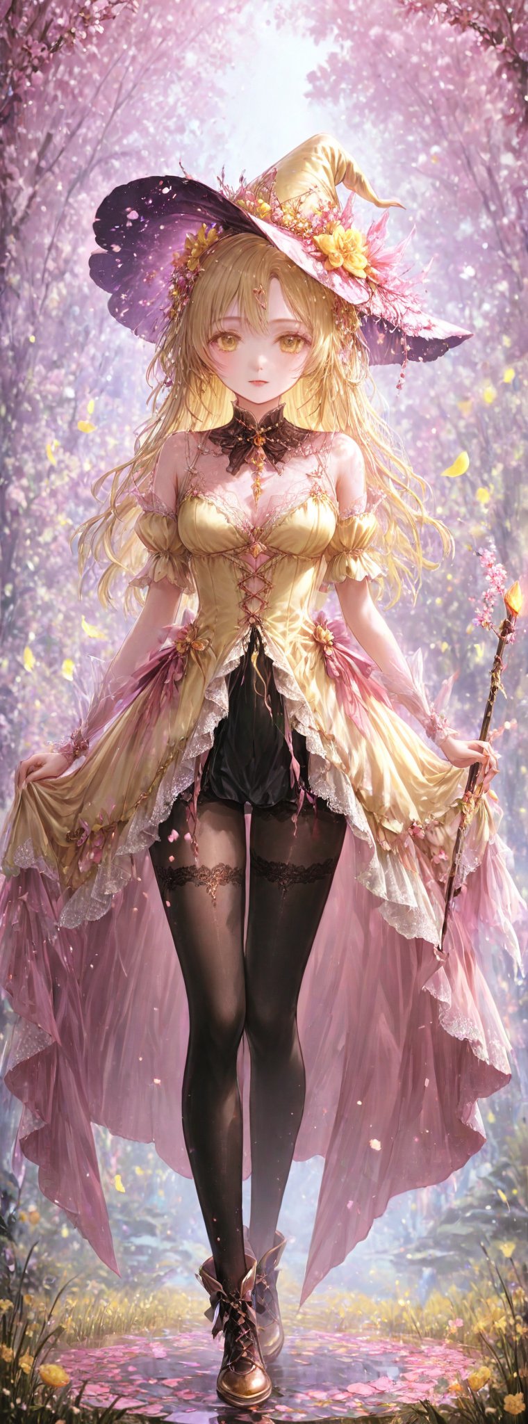 (pastel yellow color theme:1.4),
Title: Enchanted Blossoms - Pink Witch Couture

In the mesmerizing realm of Enchanted Blossoms - Pink Witch Couture, a captivating visual symphony unfolds, marrying the mystical allure of witchcraft with the delicate beauty of spring flowers. The spotlight shines on a singular figure, a Pink Witch adorned in a whimsical ensemble that exudes enchantment and charm.

The transformation begins with a pink velvet or satin dress, intricately embellished with lace or mesh accents that add a touch of femininity and grace. The fabric flows elegantly, embracing the wearer in a soft embrace that whispers of magic and mystery.

Adorned upon the Pink Witch's head is a floral witch hat, a masterpiece of design featuring a wide brim adorned with faux flowers in a myriad of pink hues. Each petal and bloom dances in harmony, adding a burst of color and whimsy to the ensemble, casting a spell of enchantment upon all who gaze upon it.

Completing the enchanting look are black tights or fishnet stockings that wrap the legs in a veil of mystery, paired with lace-up boots that add a hint of edge to the ethereal aesthetic. A wand, intricately embellished with floral details, serves as the final touch, enhancing the magical aura that surrounds the Pink Witch.

Authored by kyo8sai, this magnificent creation stands as a testament to the artist's creative prowess and was brought to life on 2024-08-14.The painting is signed 'kyo8sai' on the edge.

This costume is a harmonious blend of witchcraft's mystique and the delicate beauty of spring flowers, creating a spellbinding ensemble that is perfect for themed parties, cosplay events, or the enchanting celebrations of Halloween. The Pink Witch stands as a beacon of whimsy and charm, a vision of ethereal beauty that captivates hearts and minds with her enchanting presence.