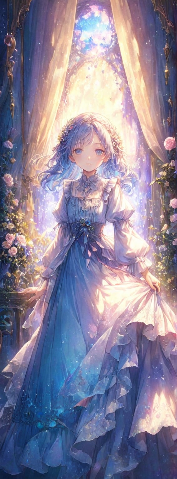 Here's a prompt for generating an image based on your description:

Create an illustration of 'Enchanted Blossoms', a young girl with silver braid hair and expressive eyes, standing in a whimsical room inspired by art nouveau. The room features intricate patterns, lace curtains, and cinematic lighting. The girl wears a white maxi blouse with frills and ribbons, paired with a layered Renaissance dress. She's surrounded by stars, flowers, gems, and other cute illustrations, with a bouquet of light blue and pink roses. Soft, warm lighting creates an inviting atmosphere. kyo8sai sign.Render the image in a watercolor style with soft blending, fluid colors, dreamy washes, and delicate textures.