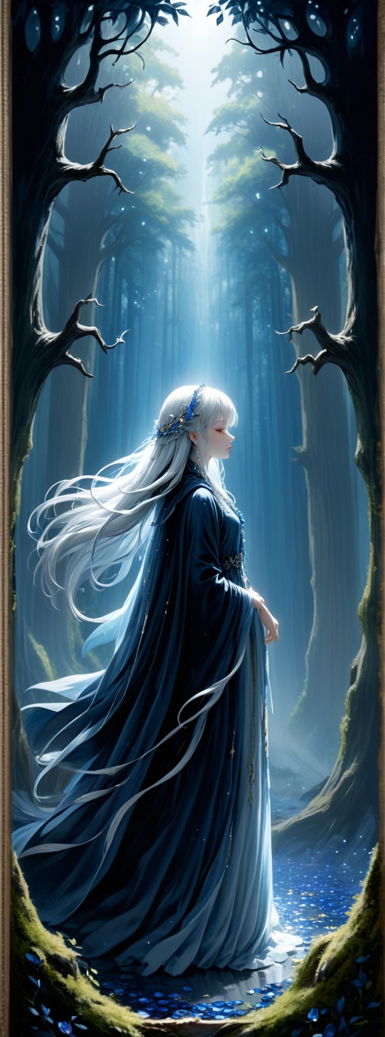 Title: "Enchanted Reverie"

In a mesmerizing visual narrative that unfolds with ethereal grace and enchanting beauty, a solitary figure stands amidst the tranquil embrace of a mystical forest. The character, with flowing white hair that cascades like moonlight down her back, exudes an aura of otherworldly elegance and allure.

Draped in a black robe that billows around her like a cloak of shadows, the figure's form is adorned with intricate jewelry that shimmers with a hint of ancient magic. A delicate necklace graces her neck, leading the eye down to the subtle curve of her cleavage, accentuated by the soft glow of a pendant that hangs like a whisper of light against her dark skin.

Her long sleeves, like wisps of night itself, frame her figure with a sense of mystique and grace, while a circlet adorned with a gem rests upon her silver hair like a crown of starlight. Her eyes, a deep cerulean blue that mirrors the depths of the forest around her, are closed in a moment of serene contemplation, inviting the viewer to share in the tranquility of her reverie.

Standing with a staff cradled in her hands, the figure exudes a sense of quiet power and wisdom that belies her delicate appearance. Her wide sleeves flutter in a gentle breeze, revealing glimpses of intricate embroidery that hint at a hidden history woven into the fabric of her robe.

In the background, the forest unfolds in a tapestry of rich hues and textures, with ancient trees reaching towards the sky like pillars of time. The air is alive with the soft rustle of leaves and the distant song of hidden creatures, adding a sense of magic and mystery to the scene.

As the figure gazes out at the viewer with a gaze both serene and inscrutable, her lips painted a deep shade of red part in a silent whisper of secrets untold. The play of light and shadow, the delicate details of her attire, and the overall sense of serenity and grace combine to create a tableau of enchantment and wonder that transports the viewer to a realm of dreams and fantasy.

Authored by kyo8sai, this magnificent creation stands as a testament to the artist's creative prowess and was brought to life on 2024-08-22.The painting is signed 'kyo8sai' on the edge.

"Enchanted Reverie" is a visual symphony of beauty and mystique, a harmonious blend of darkness and light that invites the viewer to immerse themselves in a world of magic and intrigue. The figure, with her silver hair and eyes like sapphires, stands as a testament to the timeless allure of elegance and grace, a vision of ethereal beauty that lingers in the mind like a haunting melody.