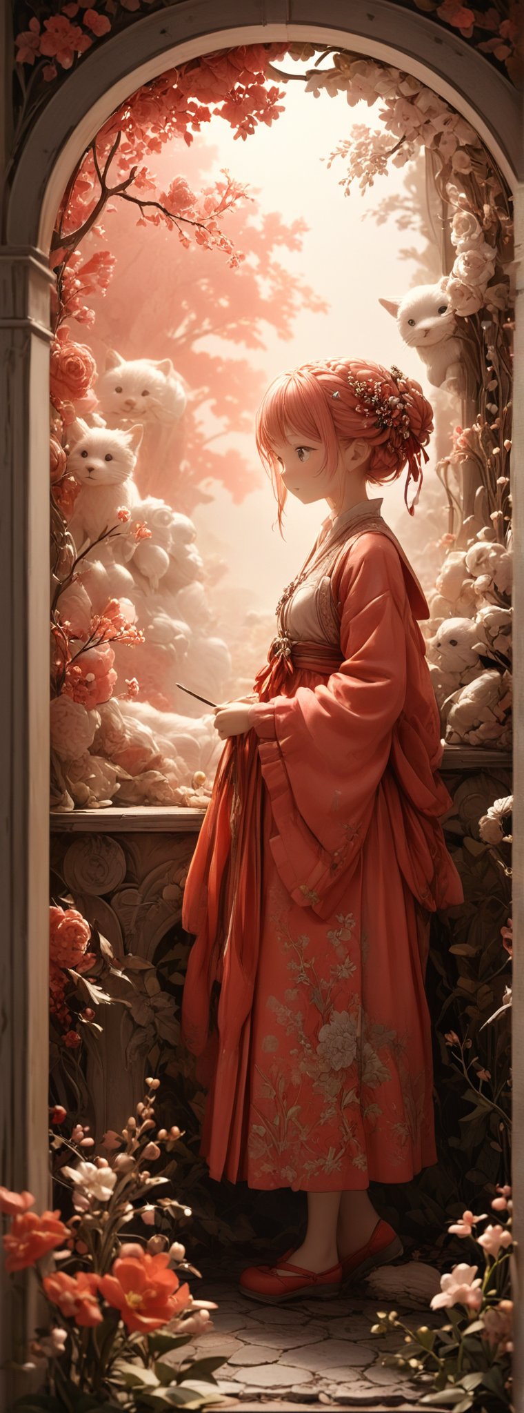 (pastel red color theme:1.4),full body shot,
(scribble lineart:1.4),
 Title Capturing the Beauty A Super Cute Moment in Ultra High Resolution
In the realm of artistic mastery, where every detail is meticulously crafted, a masterpiece emerges. This artwork, created with the utmost precision and attention to detail, captures a super cute moment in breathtaking clarity. With an emphasis on depth of field and an ultra high resolution of 8k or even 16k, this piece showcases the pinnacle of visual fidelity.
Utilizing cutting-edge techniques such as C4D (Cinema 4D) and Octadale, the artwork incorporates 3D modeling to bring the scene to life with a level of realism that astounds the viewer. Every aspect, from the delicate brush strokes to the intricate details, is rendered with utmost care, resulting in a visual experience that is truly unparalleled.
The scene itself is a testament to the artist's skill and creativity. The vibrant colors, expressive brushwork, and poetic atmosphere evoke a sense of wonder and enchantment. The delicate balance between fluid motion and precise execution imbues the artwork with a sense of dynamic energy.
In this particular piece, the focus is on a charming figure adorned with silver braided hair or a short single braid tied with a ribbon, radiating an irresistible kawaii (cute) charm. The intricate details of the artwork, from the lace curtains to the floral prints and hair accessories, further enhance the overall aesthetic appeal.
The artist's expertise in various styles is evident, with influences ranging from Art Nouveau, inspired by the works of William Morris, to the illustrative style of WOLP. The level of detail in the facial features, including a little smile and a beautifully rendered face, captures the essence of the subject with extraordinary precision.
Whether it's the cinematic lighting, the delicate textures, or the sense of depth achieved through meticulous composition, this artwork is a testament to the artist's dedication to creating a truly exceptional piece. It is a testament to their commitment to pushing the boundaries of visual art and capturing the beauty of the moment with unrivaled clarity.
Authored by kyo8sai, this magnificent creation stands as a testament to the artist's creative prowess and was brought to life on 2024-08-14.The painting is signed 'kyo8sai' on the edge.
In conclusion, this artwork stands as a true masterpiece, showcasing the best quality and incorporating the latest advancements in technology and artistic techniques. With its ultra high resolution, attention to detail, and adorable subject matter, it captivates the viewer and immerses them in a world of pure visual delight.