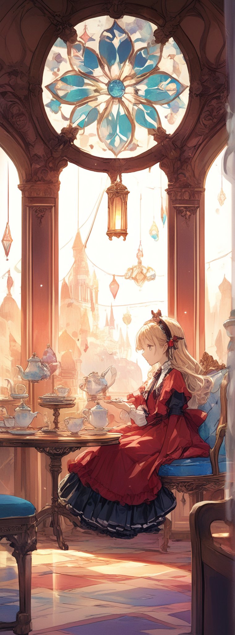 (pastel red color theme:1.4),
Title: "Whimsical Tea Time"

In a charming and highly detailed illustration inspired by "Alice in Wonderland," a young girl with straight blonde hair, delicate bangs, and a dainty hair band sits in a Victorian-era tea room, exuding an air of whimsy and enchantment. Her eyes, a perfect shade of blue, sparkle with curiosity and innocence, adding to the overall charm of her cute face.

Captured in a vibrant and cinematic style, the scene unfolds as the girl sits gracefully in the tea room, surrounded by the opulence of the Victorian era. Her attire, a beautiful blue dress paired with white pantyhose, complements the elegant setting and adds a touch of nostalgia to the composition. The intricate details of her outfit and the room itself evoke a sense of timelessness and fantasy.

As she takes a moment to enjoy her tea in the whimsical atmosphere of the tea room, the girl's presence brings a sense of magic and wonder to the scene. The intricate patterns of the furniture, the delicate tea set, and the soft lighting create a dreamlike ambiance that transports the viewer to a world where anything is possible.

Titled "Whimsical Tea Time," this illustration invites the viewer to step into a realm of imagination and fantasy, where the ordinary becomes extraordinary and the mundane is transformed into the extraordinary. It captures a moment of quiet joy and contemplation, reminding us of the beauty and wonder that can be found in the simplest of moments.