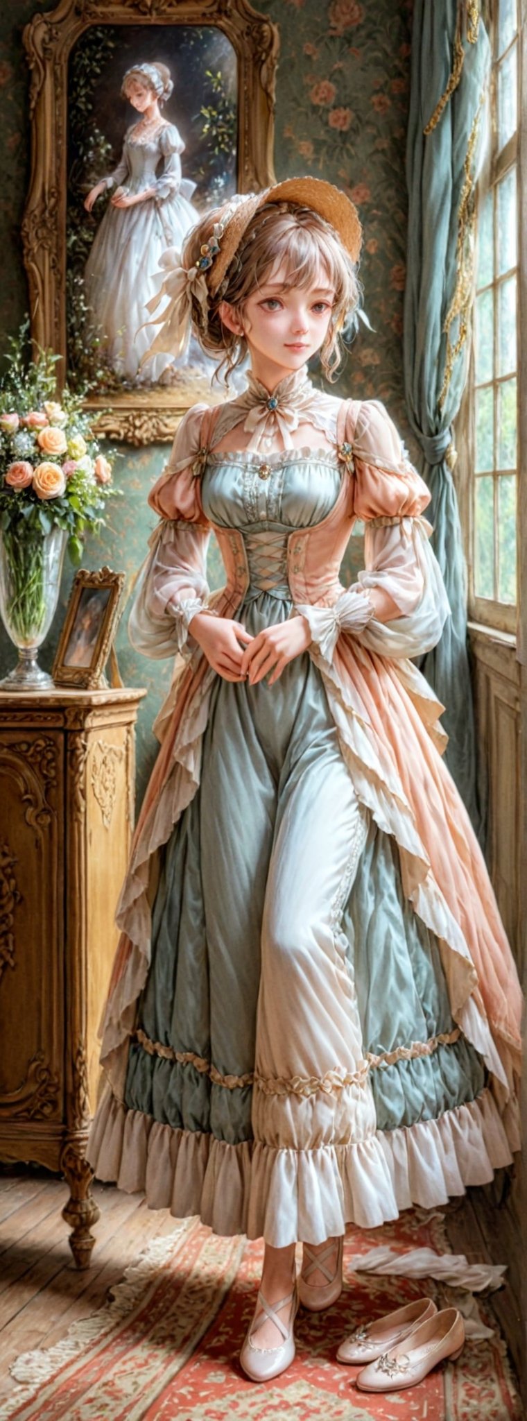 Title: "Regency Reverie"

Subheading: "A Tale of Elegance and Romance"

In the realm of artistic allure, a vision unfolds – a scene straight out of a countryside charm reminiscent of a Jane Austen novel. The setting is a delicate dance of drama and joy, where sweetness and happiness intertwine in a tableau of beauty and grace. 

The central figure, a portrait of Regency elegance, is adorned in a lightweight empire-waist dress in soft pastel hues that harken back to the romantic era of Jane Austen. The dress, a nod to a bygone time, exudes a sense of refinement and sophistication that transports the viewer to a world of genteel manners and courtly romance.

Ribbons and bows adorn the ensemble, delicate embellishments that add a touch of Regency charm. They are tied skillfully around the waist or woven into the hair, creating a whimsical and romantic air that captures the essence of the early 19th century's fashion sensibilities.

Completing the ensemble is a bonnet or a straw hat adorned with flowers, a flourish that echoes the sartorial elegance of the Regency era. The headpiece, a symbol of femininity and grace, sits atop the figure's head like a crown, adding a touch of nostalgia and elegance to the overall look.

For footwear, lace-up ballet flats in a coordinating color are chosen, offering both style and comfort while staying true to the Regency aesthetic. The delicate shoes, a perfect fusion of practicality and elegance, enhance the overall silhouette and add a touch of modern flair to the historically inspired ensemble.

A simple cameo brooch adorns the bodice, a subtle yet striking detail that reflects the understated elegance of the Regency period. The brooch, a symbol of refinement and taste, adds a touch of sophistication to the attire, completing the picture of grace and beauty.

Authored by kyo8sai, this magnificent creation stands as a testament to the artist's creative prowess and was brought to life on 2024-09-17.The painting is signed 'kyo8sai' on the edge.

In this scene of Regency Reverie, where elegance meets romance, the figure stands as a muse of refined beauty and timeless grace. The ensemble, a tribute to a bygone era of elegance and refinement, captures a moment of serenity and sophistication, evoking the essence of a Jane Austen novel brought to life in a visual symphony of beauty and charm.