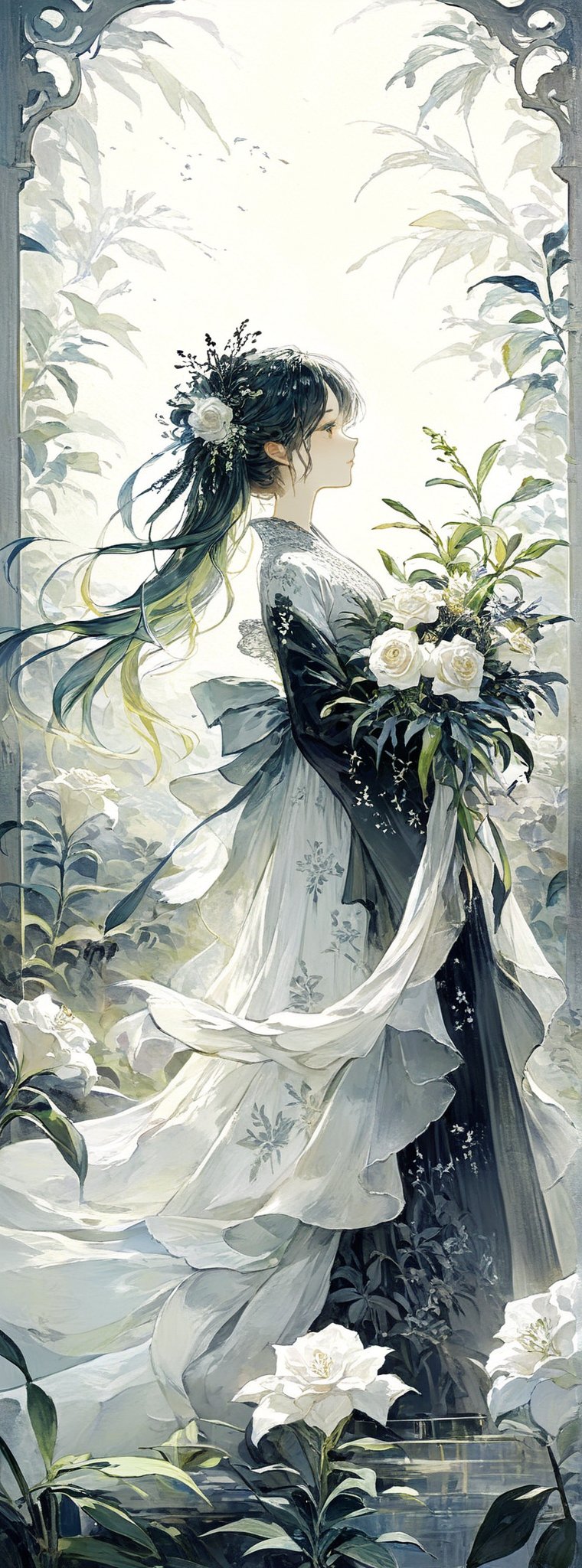 Title: "Midnight Elegance - A Symphony of Black Blossoms"
Subtitle: "Embracing the Allure of Contrasting Beauty"

In the realm of artistic expression, a grandiose masterpiece unfolds, showcasing a majestic black flower, big, large, and exquisitely huge in a lavish bouquet that cascades below in a mesmerizing display of elegance and drama.

When presenting a bouquet of lilies to a woman, the artistry lies in the intricate combinations of flowers and foliage that enhance the allure of the lilies themselves. Here, in the realm of floral design, suggestions abound to elevate the beauty of the lilies:

1. Baby's Breath: Delicate white baby's breath flowers delicately interwoven with the lilies create an ethereal and airy aesthetic, enhancing the grace and elegance of the dark blooms.
2. Eucalyptus: The silvery-green leaves of eucalyptus offer a striking contrast to the vibrant black hues of the lilies, infusing the bouquet with a touch of freshness and aromatic allure.
3. Ferns: Lush and feathery ferns, with their verdant foliage, bring a natural element to the bouquet, harmonizing with the dark blossoms in a symphony of contrasting textures.
4. Roses: A classic and romantic addition, roses in soft pinks or creamy whites intertwine with the lilies, creating a harmonious blend of colors that speak to the heart.
5. Orchids: Exotic and elegant, orchids make a stunning pairing with lilies, their unique shapes and vibrant colors adding a touch of sophistication and intrigue to the bouquet.

In the realm of floral artistry, the selection of flowers and foliage is a deeply personal choice, reflecting the message one wishes to convey through this botanical symphony. By harmonizing complementary colors and textures, a visually captivating and harmonious bouquet is crafted, destined to bring joy to the recipient's soul.

Authored by kyo8sai, this magnificent creation stands as a testament to the artist's creative prowess and was brought to life on 2024-10-08.The painting is signed 'kyo8sai' on the edge.
(Framed within an ornate, lacquerwork box adorned with intricate floral patterns she seem to be one with the artistry:1.1), 


"Midnight Elegance" stands as a testament to the beauty found in contrasting elements, a visual ode to the allure of black blossoms and the artful dance of floral design. In this dramatic and sweetly enchanting scene, the bouquet of lilies takes center stage, surrounded by a lush ensemble of blooms and foliage that elevate its beauty to new heights.