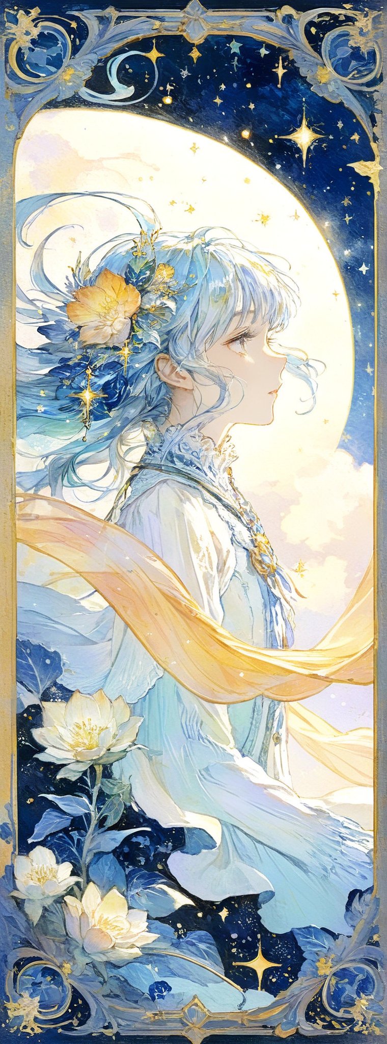 Title: "Whispers of Stardust - A Dream in Magicalcore Fashion"
Subtitle: "Embracing the Enchantment of Summer Nights"

In the realm of artistic mastery, a breathtaking masterpiece unfolds, showcasing the pinnacle of ultra-detailed, best quality official art. This illustration, a true testament to the art form, delves into the depths of beauty and imagination with a focus on detailed faces adorned with long, luxurious eyelashes. Set in a solo cowboy shot, the scene comes to life with the enchanting effects of ray tracing and depth of field, elevating the visual experience to new heights.

At the heart of this visual symphony lies a girl immersed in a magical fantasy night, her presence a beacon of charm and grace in the whimsical landscape of magicalcore fashion. The season captured in this artwork is summer, where the warm embrace of the night sky meets the cool kiss of stardust, creating a tapestry of wonder and delight.

Stars twinkle above, casting a gentle glow that illuminates the scene with a celestial radiance. Light effects dance around the girl, accentuating her features and highlighting the intricate details of her enchanting attire. The backgrounds, cute and dreamy, serve as the perfect backdrop for this ethereal display, framing the beauty of the moment with artistic finesse.

As the scene unfolds, viewers are transported to a world where imagination knows no bounds, where beauty and magic intertwine in a mesmerizing dance of colors and textures. Each brushstroke, each pixel, is a testament to the skill and vision of the Representing Artists, capturing the essence of joy and wonder in a single frame.

The girl in the spotlight exudes a sense of innocence and wonder, her gaze filled with a spark of curiosity and delight. Her attire, a fusion of magicalcore fashion, combines whimsy and elegance in a harmonious blend that speaks to the soul. It is a visual feast for the eyes, inviting viewers to lose themselves in the enchanting allure of a summer night's dream.

In this artistic creation, every detail is a work of art, every nuance a stroke of genius. From the intricate patterns on her dress to the delicate play of light on her skin, the scene is a celebration of beauty in its purest form. It is a testament to the transformative power of art, where dreams take flight and the ordinary transcends into the extraordinary.

Authored by kyo8sai, this magnificent creation stands as a testament to the artist's creative prowess and was brought to life on 2024-10-08.The painting is signed 'kyo8sai' on the edge.
(Framed within an ornate, lacquerwork box adorned with intricate floral patterns she seem to be one with the artistry:1.1), 
(art nouveau style(The Law of Symmetry,golden ratio (approx. 1.6180339887)):1.1),

"Whispers of Stardust" stands as a testament to the magic of creativity, a visual symphony that captures the essence of summer nights and the enchanting beauty that resides within. It is a masterpiece in every sense, a true representation of the artistry and skill that define the world of fantasy and imagination.