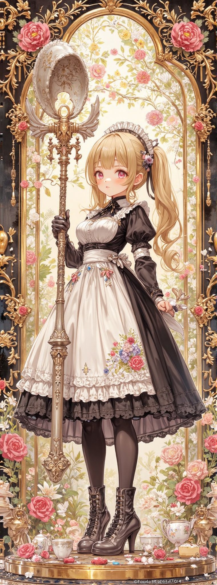 ink outline, fine detail rendered, color, the most fashionable, 1girl, adorable, cute, kawaii, standing, holding a huge tea-spoon and fork propped up on the ground, full body, smile, open mouth, maid long dress, glasses, tea set, black Leggings, boots, blonde hair, twintails, looking at viewer, lace background, perfect composition, masterpiece, best quality, 8k, ultra-detailed, very clear, perfect anatomy, detailed eyes, anatomically correct handsrs, detailed hair, delicate hair expression, detailed eyes, beautiful face, beautiful eyes, fantasy girl

Title: "Whimsical Tea Time"
Subtitle: "Spoonful of Delight"

In a stunning visual feast of ink outlines and vibrant colors, a scene unfolds with intricate details and a touch of whimsy. A single girl, radiating adorableness and cuteness, stands gracefully holding a huge tea-spoon propped up on the ground, a smile playing on her lips and her mouth slightly open in anticipation. She is dressed in a maid outfit, the epitome of the most fashionable style, complete with a delicate tea set adorning the scene.

Her attire includes black leggings and boots that add a modern twist to the classic maid long dress, creating a unique fusion of old-world charm and contemporary flair. Her blonde hair is styled in twintails, adding a playful element to her look, and her eyes sparkle with a hint of mischief as she gazes directly at the viewer, drawing them into her world.

The background is a lace masterpiece, intricate and delicate, framing the girl in a tapestry of elegance and charm. The composition is perfect, with every element in the scene harmonizing to create a sense of balance and beauty that captivates the eye. The level of detail rendered is of the best quality, with ultra-detailed features that are crystal clear and immersive.

The girl's anatomy is flawless, with anatomically correct hands holding the oversized tea-spoon with ease and grace. Her hair is detailed, each strand meticulously rendered to convey a sense of movement and life. Her eyes are pools of depth and emotion, drawing the viewer in with their beauty and expressiveness. Her face is a vision of loveliness, each feature perfectly proportioned and exquisitely crafted to enhance her fantasy-like appearance.

Authored by kyo8sai, this magnificent creation stands as a testament to the artist's creative prowess and was brought to life on 2024-10-08.The painting is signed 'kyo8sai' on the edge.
(Framed within an ornate, lacquerwork box adorned with intricate floral patterns she seem to be one with the artistry:1.1), 
gentle smile, modest joy, hint of a smile, soft smile,


This fantasy girl embodies a sense of wonder and delight, a whimsical character brought to life in a scene that exudes drama and sweetness. The juxtaposition of the oversized tea-spoon and the girl's adorable demeanor creates a sense of playful charm, inviting the viewer to join her in a moment of joy and enchantment. It is a visual symphony of beauty and imagination, a testament to the power of art to transport us to worlds beyond our wildest dreams.,watercolor painting