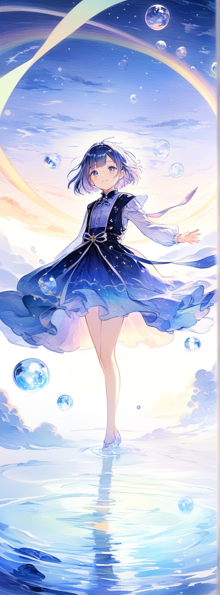 Title: "Rainbow Reverie" In a whimsical and enchanting scene,  a charming anime girl is depicted,  enveloped by a cascade...
