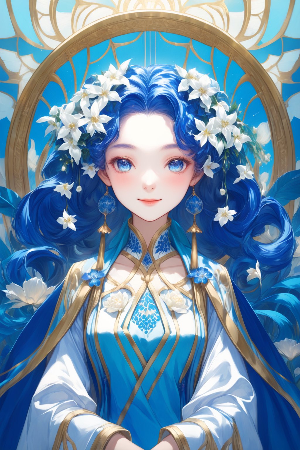 Title: "Floral Serenity - A Cute Anime Portrait"
In the realm of cute anime art, a delightful portrait unfolds, capturing the essence of serenity and charm. This artwork features a single girl adorned with a variety of flowers, her long hair cascading gracefully around her. With her captivating blue eyes, warm smile, and playful hair ornament, she invites the viewer into her world of innocence and beauty.
At the center of the composition, a white flower graces her hair, drawing attention to her lovely face. Her gaze is directed towards the viewer, creating a sense of connection and engagement. A red flower delicately adorns her hair, adding a touch of vibrancy and contrasting beautifully against her brown locks. The gentle bangs frame her face, accentuating her youthful and lively expression, while her closed mouth exudes a sense of modesty and sweetness.
A sash elegantly drapes across her upper body, adorned with a blue flower that complements her enchanting eyes. A hint of blush adds a touch of rosy warmth to her cheeks, enhancing her cute and innocent appearance. Her long sleeves, embellished with tassels, further emphasize her delicate and feminine charm.
As her brown hair flows, a braid cascades down, drawing attention to the graceful curve of her collarbone. This subtle detail adds a touch of elegance to the overall composition, enhancing the aesthetic appeal of the artwork.
Authored by kyo8sai, this magnificent creation stands as a testament to the artist's creative prowess and was brought to life on 2024-07-17.The painting is signed 'kyo8sai' on the edge.
This cute anime portrait captures the essence of youthful beauty and innocence, inviting the viewer to immerse themselves in a world of charm and serenity. The combination of floral elements, adorable features, and playful details creates a captivating artwork that evokes joy and delight.
