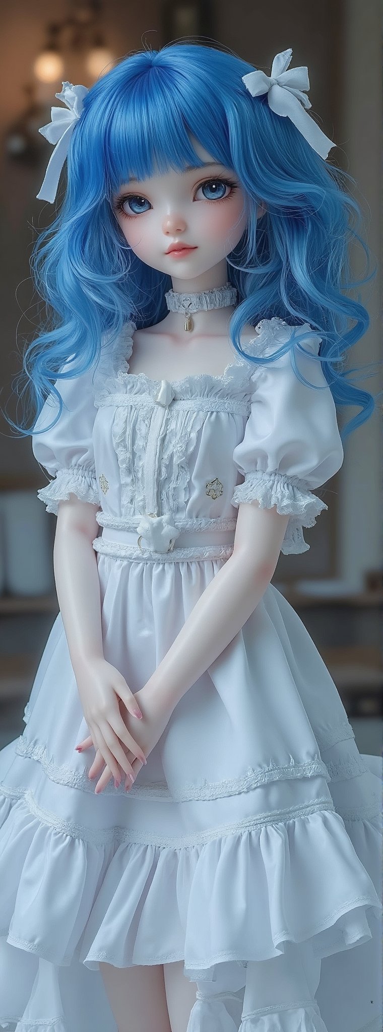 best quality, a girl, multicolored blue hair,white ruffle dress, insanely detailed eyes,
pcv figure,