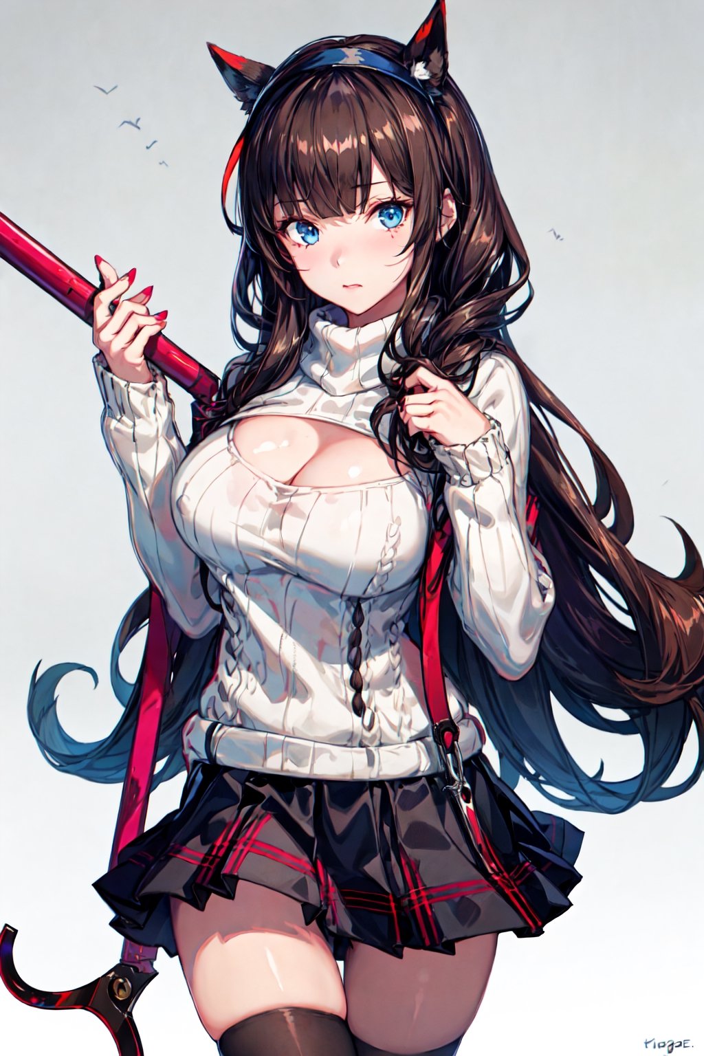 high_res, 1girl, female_solo, (tall girl:1.2), brown hair, very long hair, big_breasts:0.6, bege open chest sweater, plaid_skirt, short skirt, skindentation, black_kneehighs, garterbelt, (holding a crowbar:1.4), blue eyes, school background, hairband, hydr0mancer, blunt bangs,