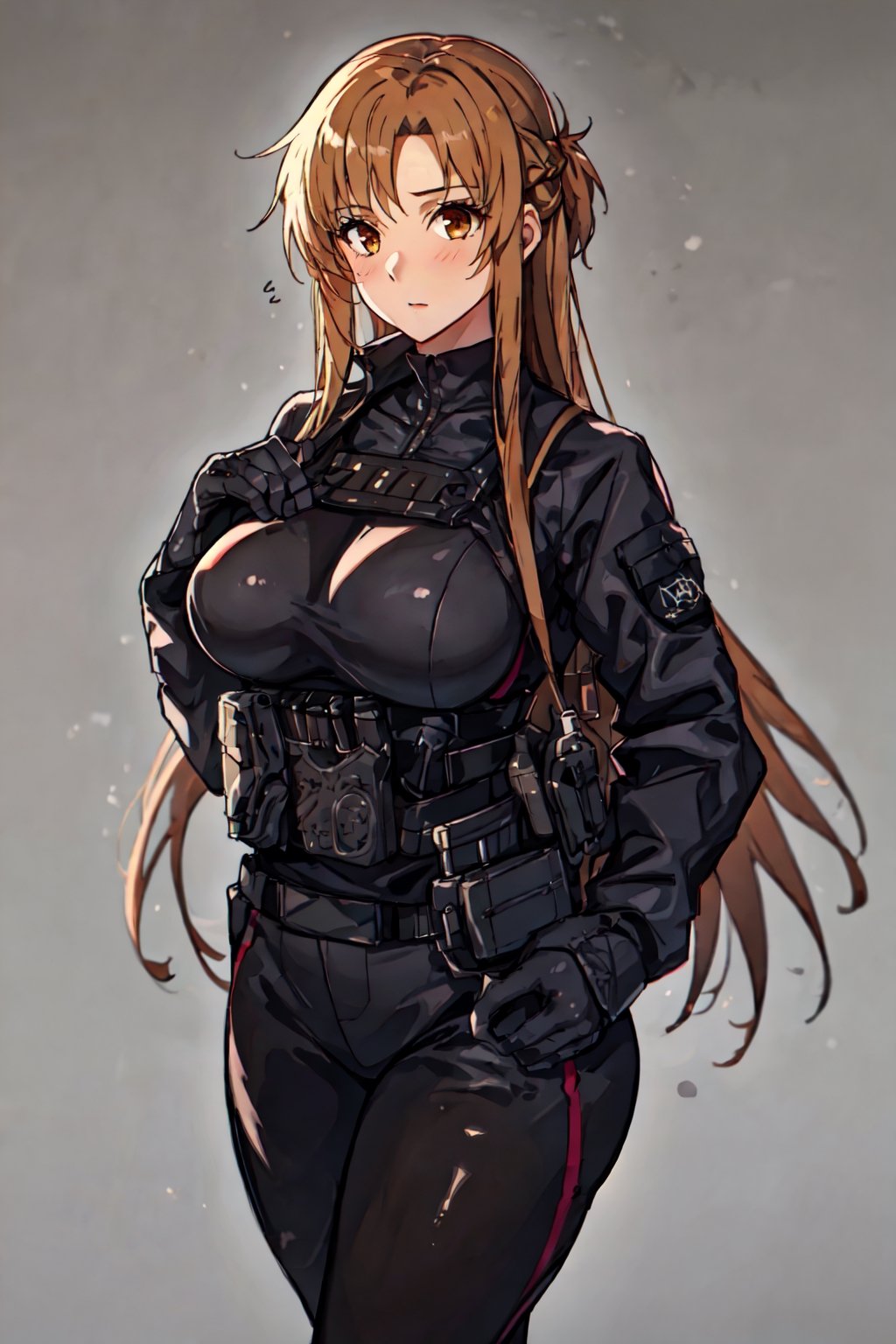 masterpiece, high_res, 1girl, female_solo, (tall girl:1.2), brown hair, very long hair, big_breasts:0.4, skindentation, all black tatical suit, brown eyes, very detailed background, asuna, tacticool,