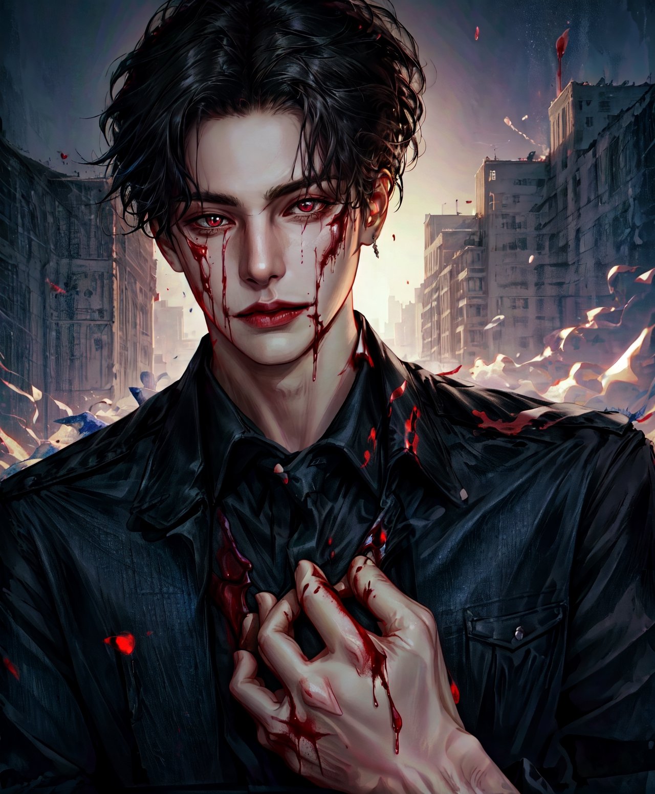 a shot of a high class vampire wearing a ragged clothes, blood eyes, backlighting, blue hour, lit from below with red lighting, high contrast, highly detailed, sharp focus, digital painting, concept art, illustration, trending on artstation, ,bigbyTWAS_soul3142,ryanBS_soul3142,kpop