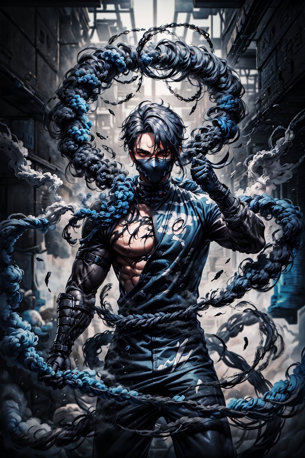 1man, grey smoke, black color clothes, perfecteyes,blue-smoke, full ninja suit with mask,