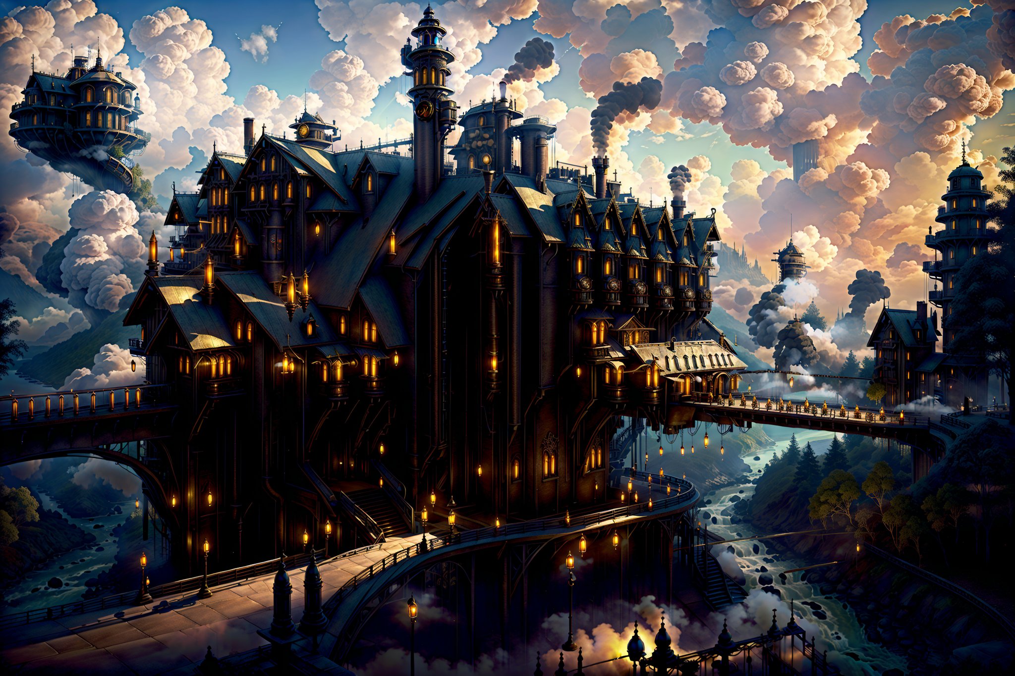 steampunk style old hotel, near a river, atmospheric perspective, ornate, detailed, wrench_elven_arch, STEAM PUNK