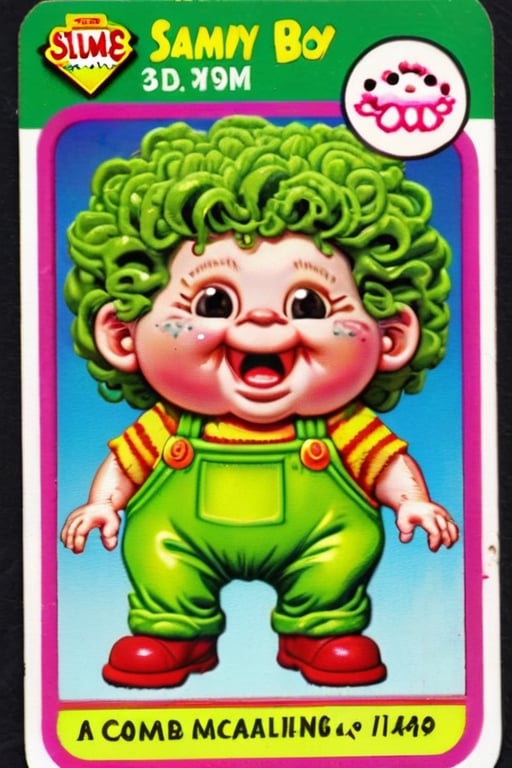 Sammy Slime, matt surface Trading sticker card, old card sticker, ruined vintage blurred filter,  '80 style, series of sticker trading cards originally released in 1985 and designed to parody the Cabbage Patch Kids dolls, card of a Garbage pail kids, Garbage pail kids sticker cards style, Capture a joyful and creative expression, old hot blur image, text title, very puffy face and body, '80s Garbage Pail Kids-style trading card featuring Sammy Slime, a weird fat boy oozing green slime from every pocket of his oversized, grungy overalls. His hair stands on end, stiffened by slime, and he sports a mischievous grin as he slings slime balls at unsuspecting passersby,3d toon style,claymation,margin borders ,SD 1.5