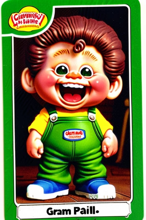 Sammy Slime, matt surface Trading sticker card, old card sticker, ruined vintage blurred filter,  '80 style, series of sticker trading cards originally released in 1985 and designed to parody the Cabbage Patch Kids dolls, card of a Garbage pail kids, Garbage pail kids sticker cards style, Capture a joyful and creative expression, old hot blur image, text title, very puffy face and body, '80s Garbage Pail Kids-style trading card featuring Sammy Slime, a weird fat boy oozing green slime from every pocket of his oversized, grungy overalls. His hair stands on end, stiffened by slime, and he sports a mischievous grin as he slings slime balls at unsuspecting passersby,3d toon style,claymation,margin borders ,SD 1.5