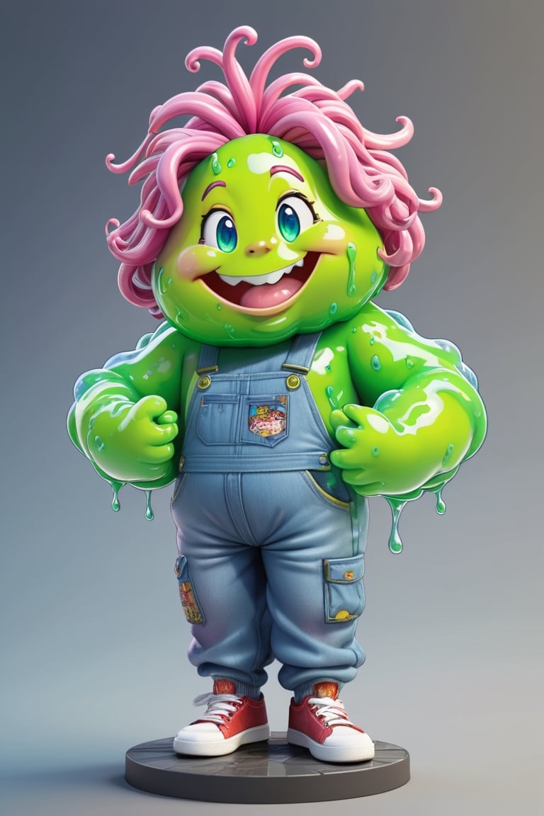 Sammy Slime, Create an '80s Garbage Pail Kids-style trading card featuring Sammy Slime, a boy oozing green slime from every pocket of his oversized, grungy overalls. His hair stands on end, stiffened by slime, and he sports a mischievous grin as he slings slime balls at unsuspecting passersby,APEX colourful ,3d toon style