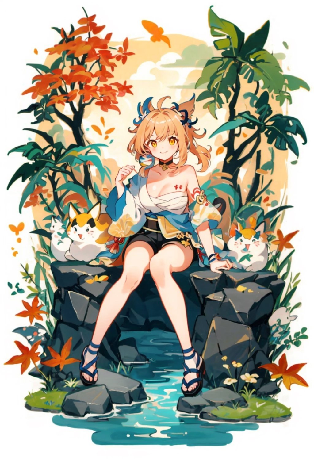 shenhe(genshin impact), bare shoulders, 1girl,  yellow eyes, hair ornament,high heels, shorts, solo,orange hair, large breasts, legs, simple background, skirt, long hair, looking at viewer,masterpiece, best quality,smile to viewer ,autumn,yellow leaf
,cartoon,col,dynamic,Graffiti,sitting on the rock under the tree,	 SILHOUETTE LIGHT ,bule sky,PARTICLES,form behind ,yoimiyadef,phgls,phgls, in container, submerged,bottle on the desk,bottle,yoimiya(genshin impact),yoimiyarnd