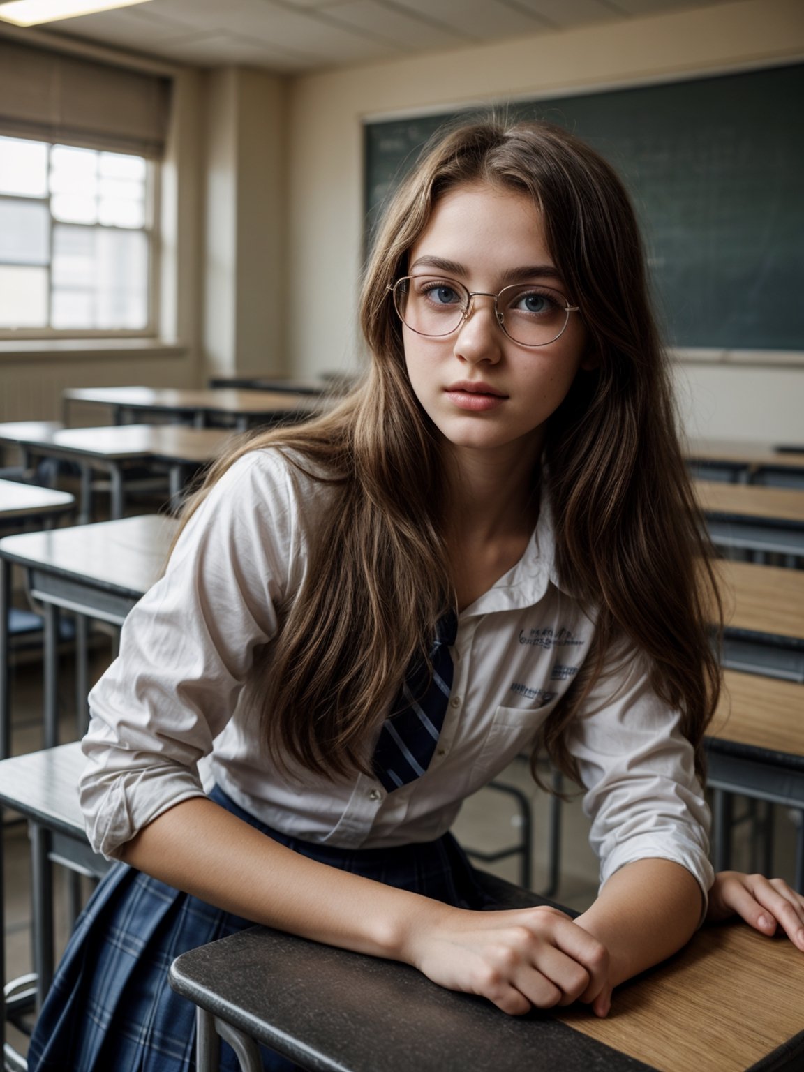 a beautiful 15 year young teenager,  school_uniform,  class room by Kesan on Tensor.Art