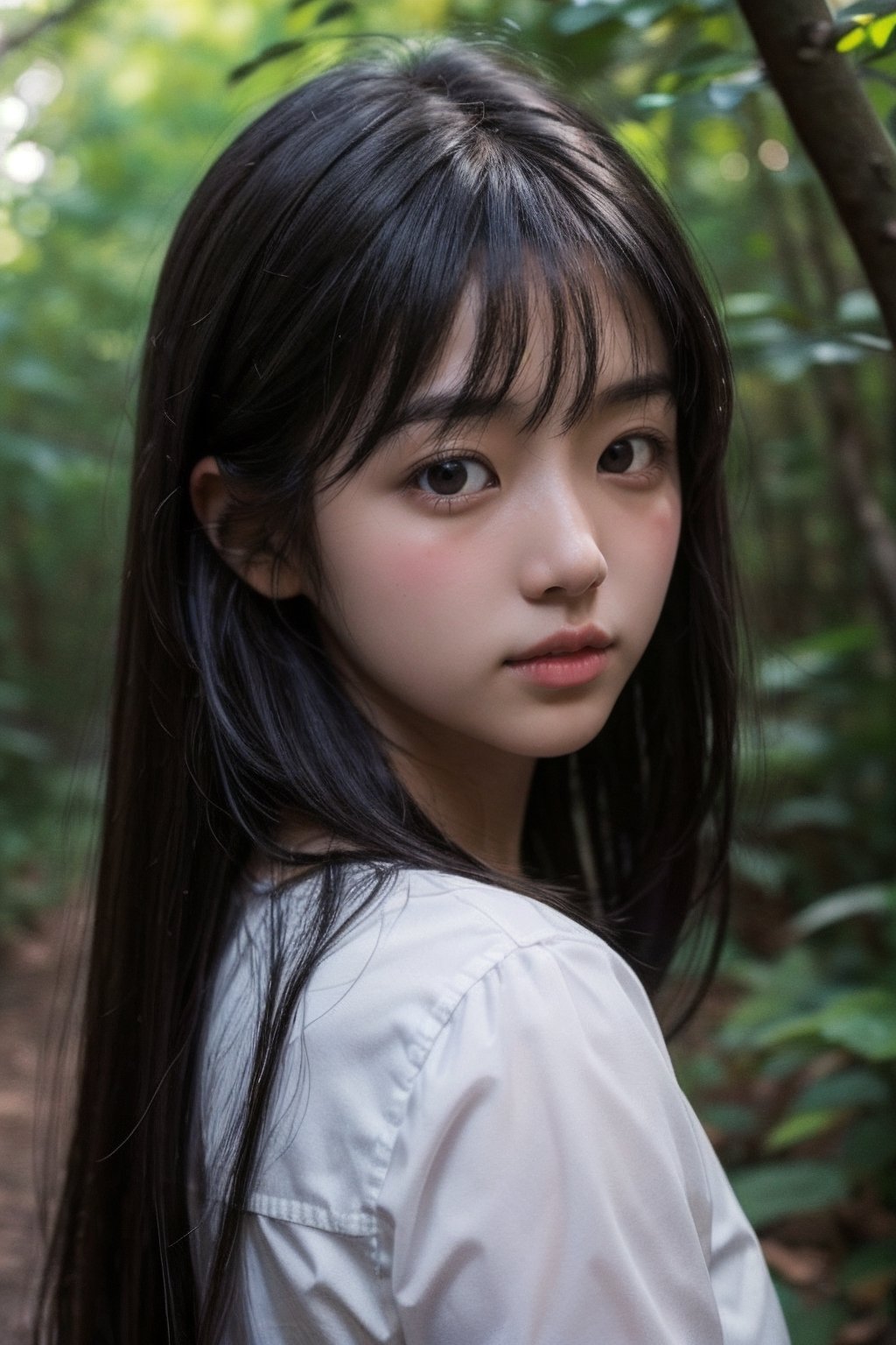 (((deep in the woods))),  ((looks at viewer)),  (only the face enters the shot) by 萬仔5 on Tensor.Art