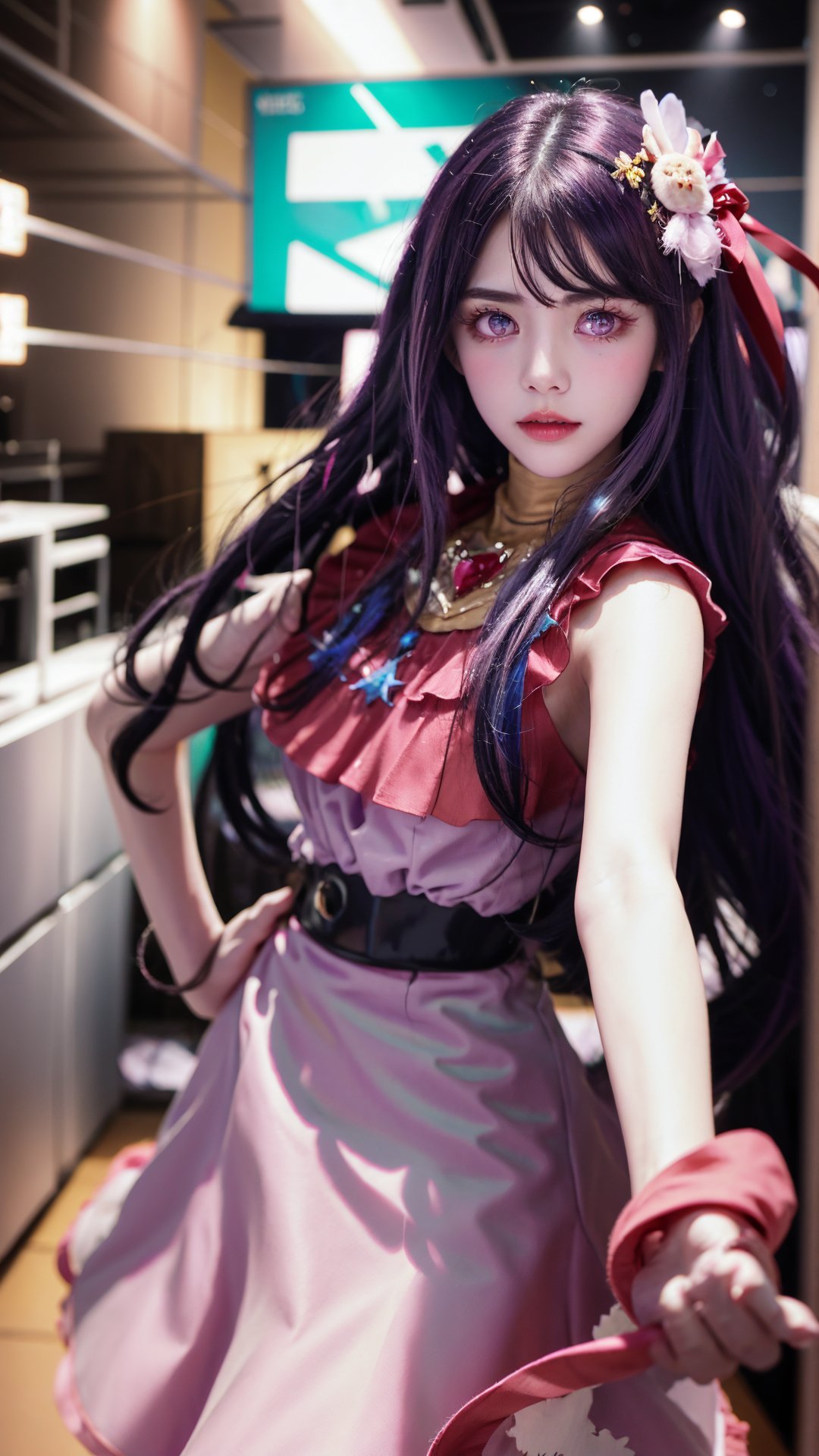 masterpiece, best quality,stage,1girl,purple hair,long hair,hair ornament, symbol-shaped pupils,pink dress,pink clothes,(simple background:0.5), (kbxll:0.6),Detailedface