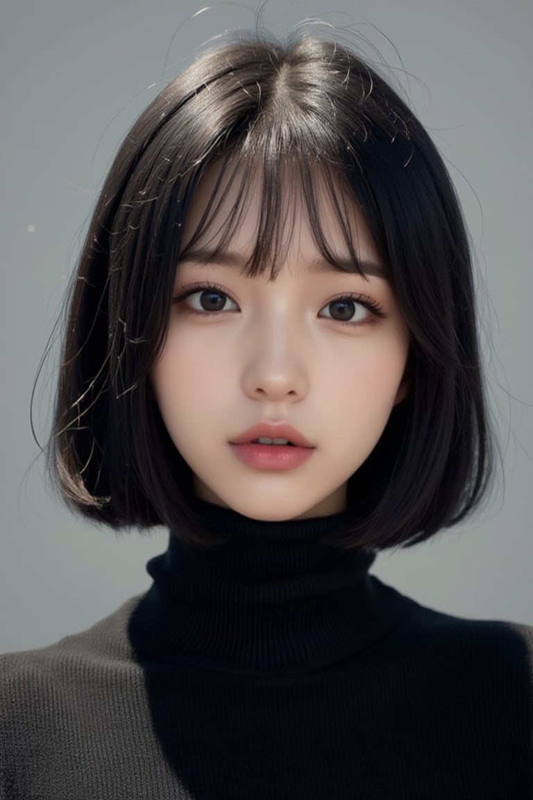 Create a photorealistic portrait of a pure and innocent 32-year-old Japanese woman with a black bob haircut. She is wearing a black turtleneck sweater that highlights her facial features and expression, emphasizing her cuteness and innocence. The lighting should be soft and natural, with a close-up composition that focuses on her kind demeanor. The photo should have a high resolution, using a soft focus lens to capture the texture and details of the sweater, while maintaining a minimalist approach without background distractions, FuturEvoLabArmor, 