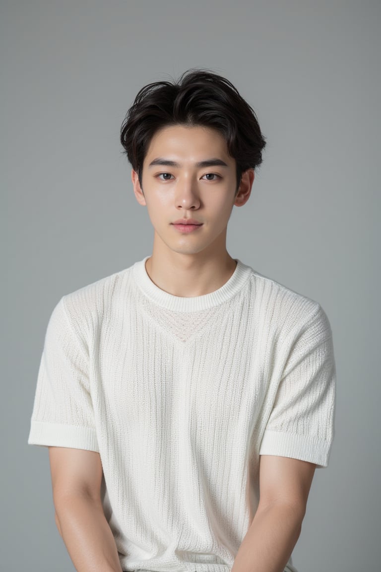 A serene 32-year-old Japanese man sits calmly in front of a subtle gradient background,Pixie cut ,Handsome, thick eyebrows and big eyes,  his kind eyes gazing directly into the camera. Soft, natural light illuminates his delicate features, accentuating the innocence and purity on his face. A short-sleeved White top hugs his slender physique, drawing attention to his youthful charm. The composition is tight and intimate, with the subject's gentle expression taking center stage. A high-resolution lens captures the intricate texture of the sweater, while a soft focus effect maintains a minimalist aesthetic free from distractions.