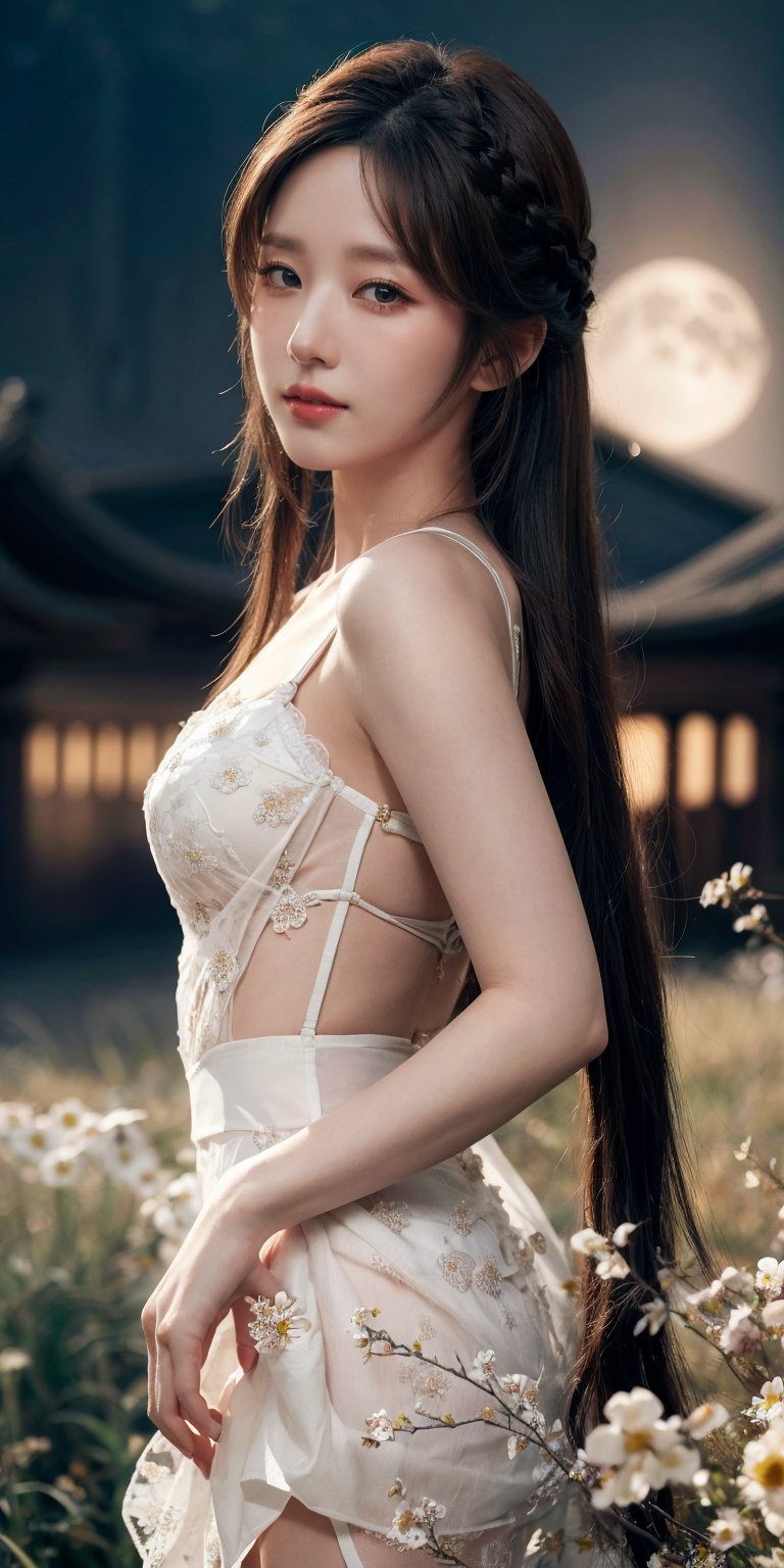 masterpiece, best quality, 1girl, (colorful),(finely detailed beautiful eyes and detailed face),ight brown hair, White lace dress, brown eyes,plaits hairstyle,cinematic lighting,bust shot,extremely detailed CG unity 8k wallpaper,white hair,solo,smile,intricate skirt,((flying petal)),(Flowery meadow) sky, cloudy_sky, building, moonlight, moon, night, (dark theme:1.3), light, fantasy,jisoo,1 girl,Asia,Woman ,z1l4,enhanc3d