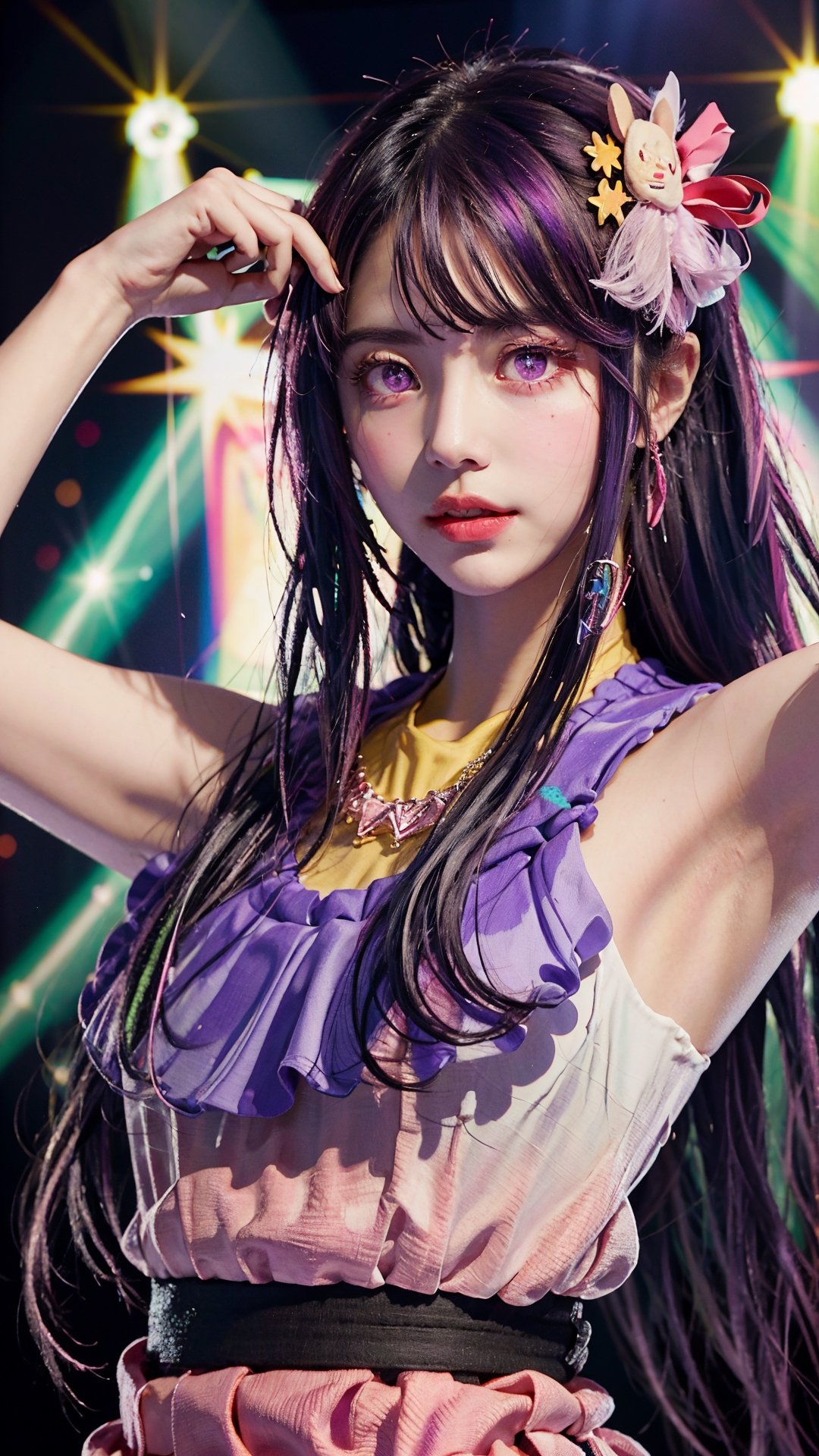 masterpiece, best quality,stage,1girl,purple hair,long hair,hair ornament, symbol-shaped pupils,pink dress,pink clothes,(simple background:0.5), (kbxll:0.6),Detailedface