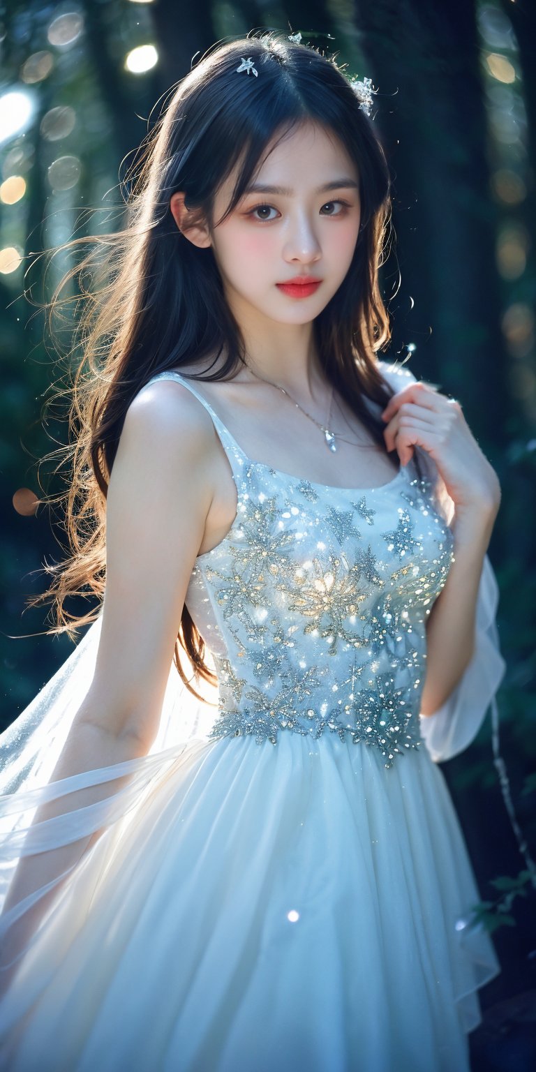 looking at viewer, lovely white dress,  in the woods, glowing ice star, magical, fantasy, dreamy, .shallow depth of field, vignette, highly detailed, high budget, bokeh, cinemascope, moody, epic, gorgeous, film grain, grainy, cinematic film, alive,