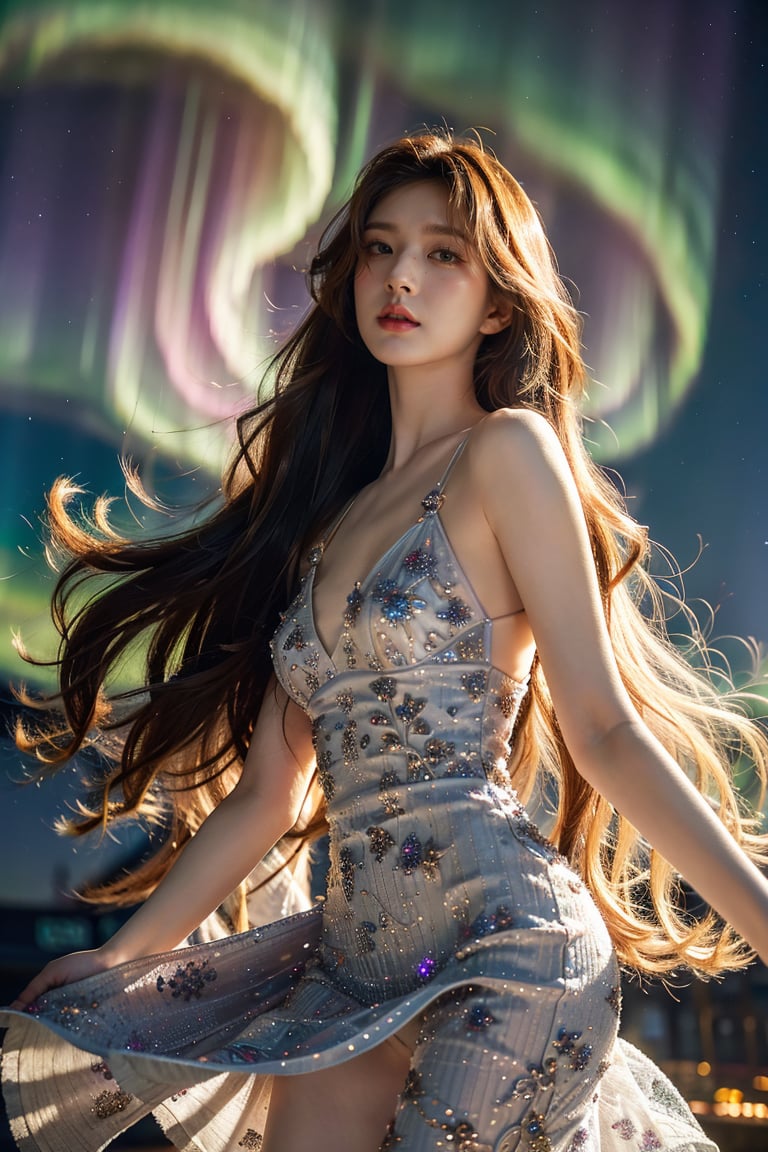 a female character with long, flowing hair that appears to be made of ethereal, swirling patterns resembling the Northern Lights or Aurora Borealis. The background is dominated by deep blues and purples, Next to the huge Eiffel Tower, creating a mysterious and dramatic atmosphere. The character's face is serene, with pale skin and striking features. The overall style of the artwork is reminiscent of fantasy or supernatural genres,white lace dress,1 girl