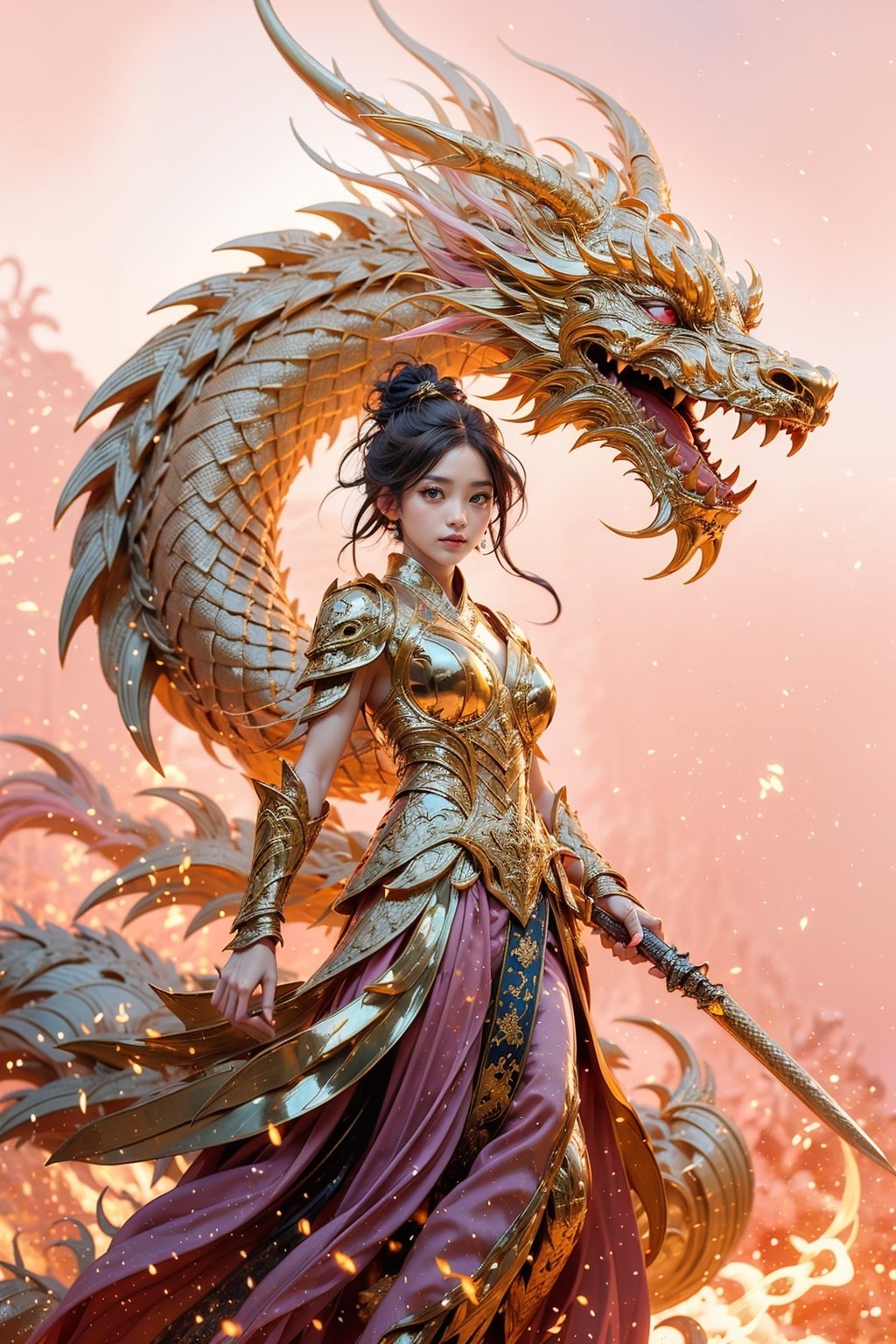 masterpiece, top quality, best quality, official art, beautiful and aesthetic:1.2), (1girl:1.3), chinese dragon, eastern dragon, golden line, (pink theme:1.4), volumetric lighting, ultra-high quality, photorealistic, sky background, daggers, 